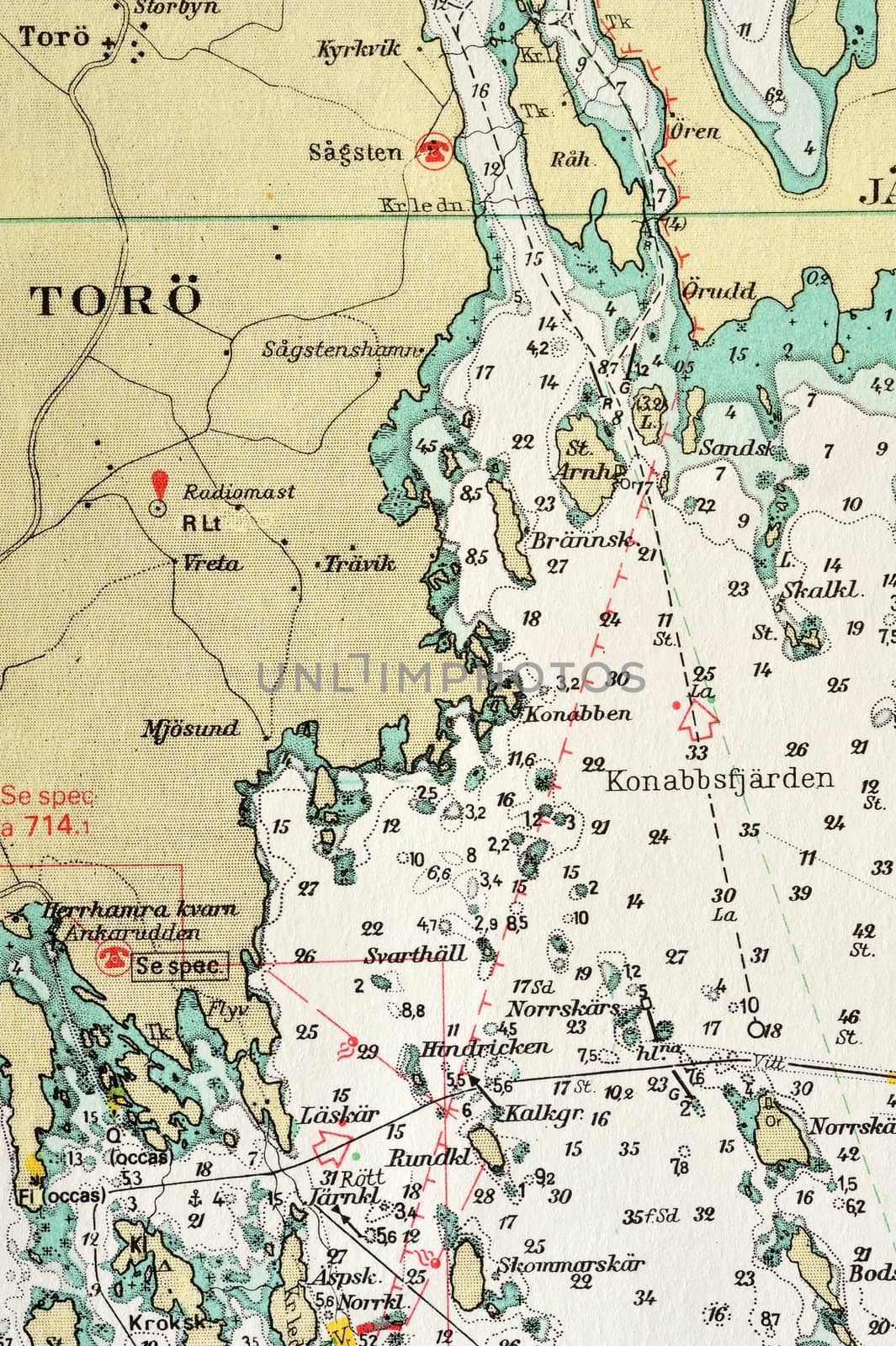Macro shot of a old marine chart, detailing Stockholm archipelago. 

Picture is from "Batsjokort 1982-83 Serie A LANDSORT-ARHOLMA", created 2013-10-12.