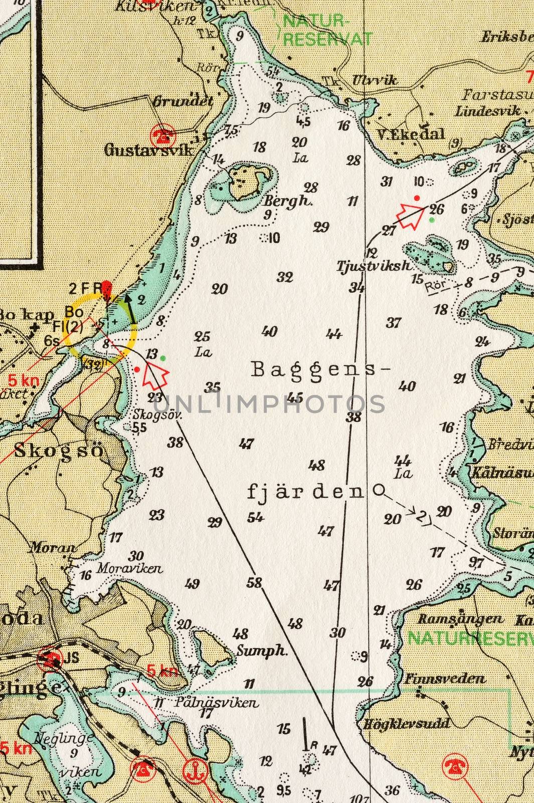 Macro shot of a old marine chart, detailing Stockholm archipelago. 

Picture is from "Batsjokort 1982-83 Serie A LANDSORT-ARHOLMA", created 2013-10-12.