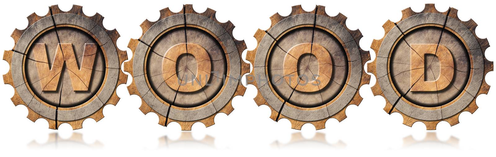 Wooden symbol with text wood and four wooden gears. Isolated on white background