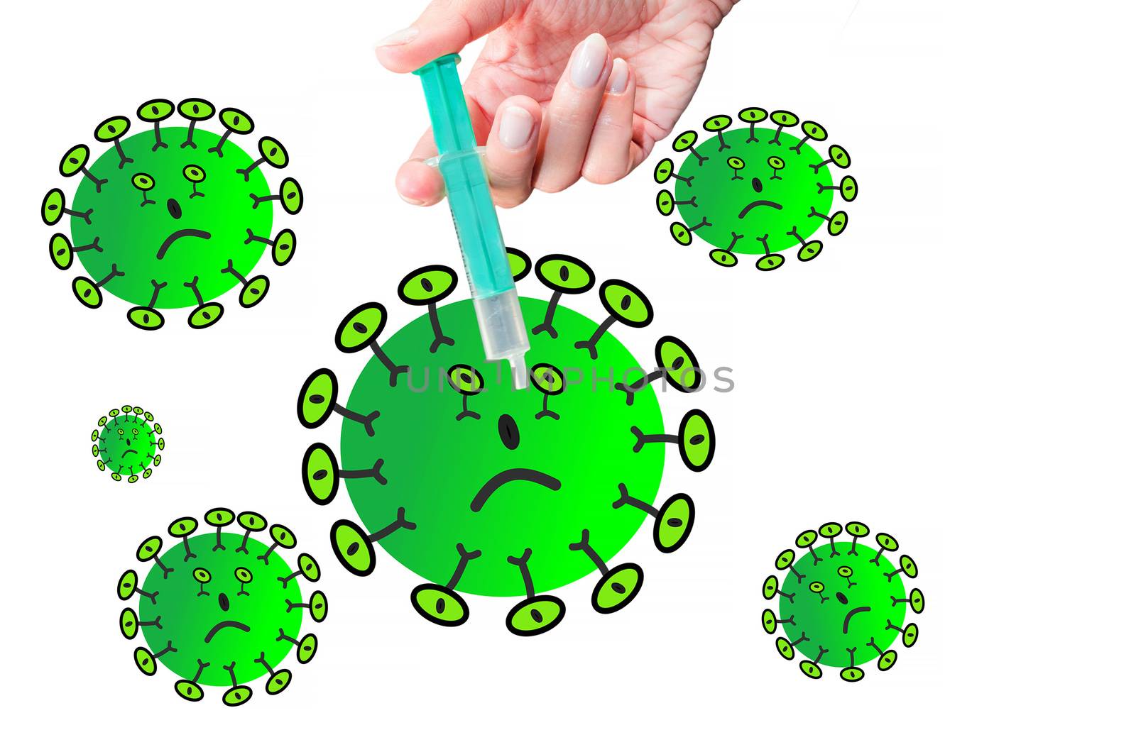 Lustige Virus Symbole mit Spritze vor weißen Hintergrund.

Funny Virus symbols with syringe against white background.