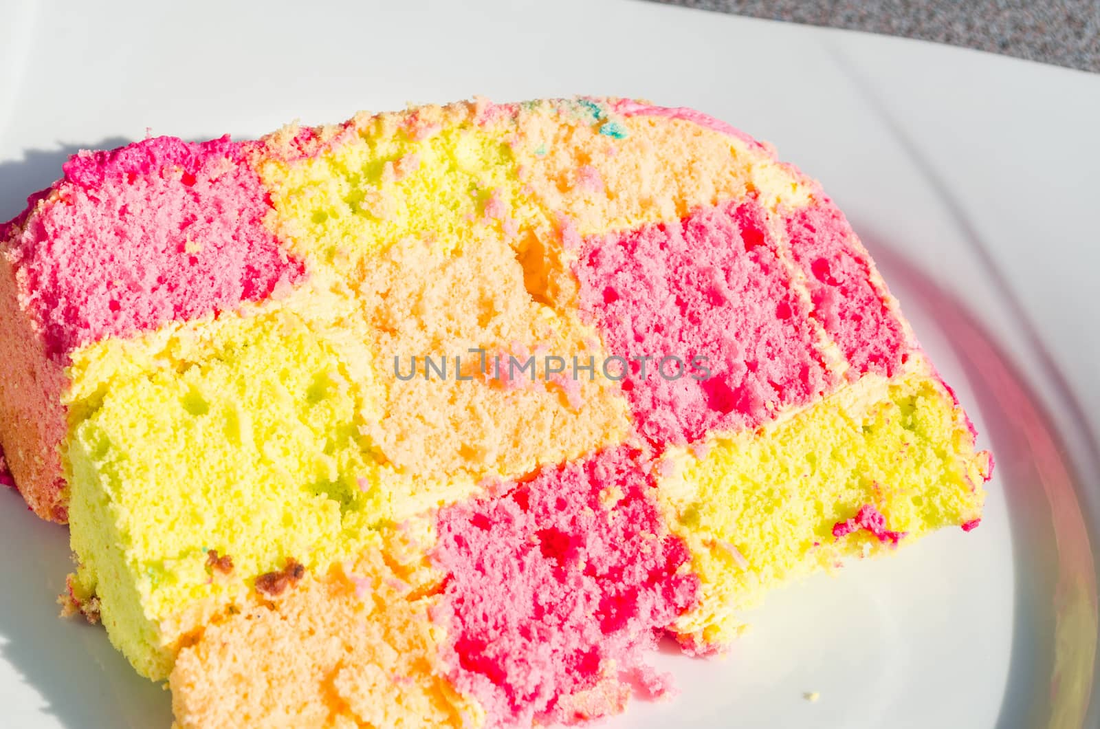 Clorful checkered birthday cake. Cake on white plate.