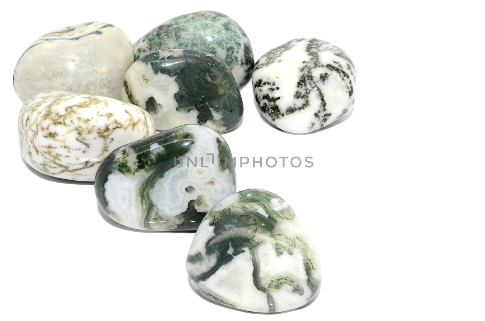 Set of a beautiful tumbled Tree Agate semiprecious stones isolated on white
