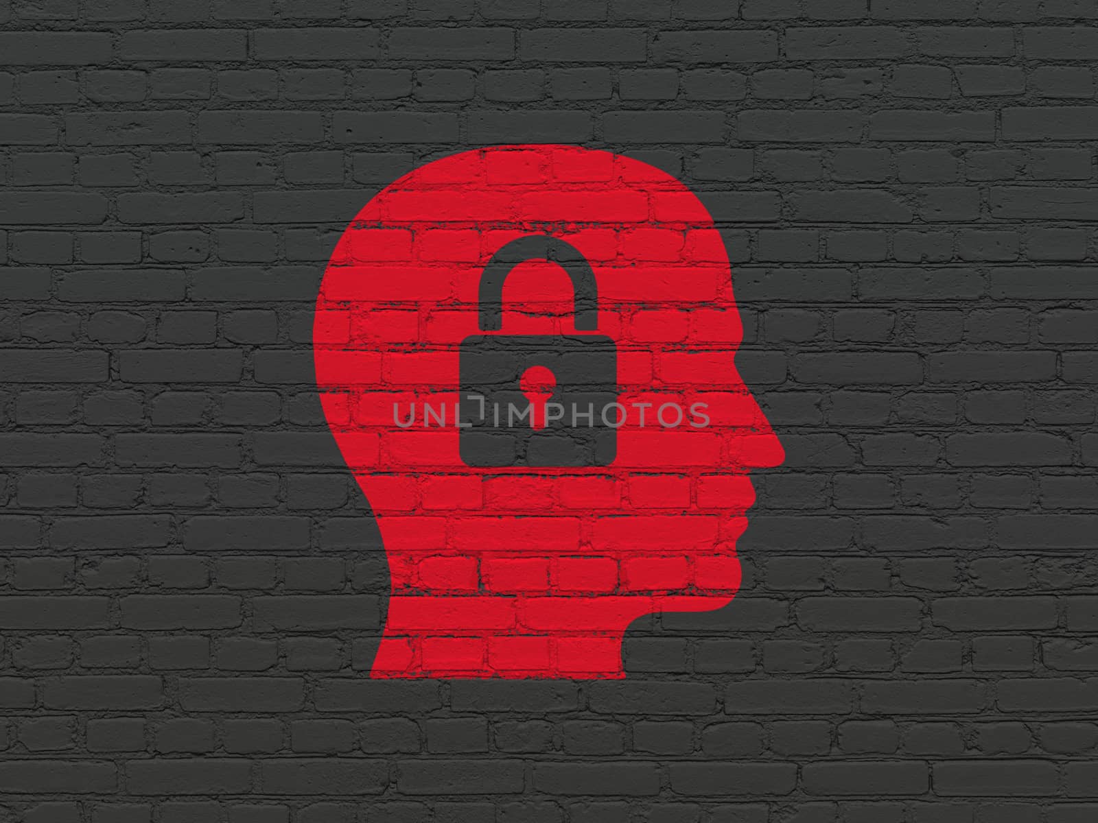 Information concept: Head With Padlock on wall background by maxkabakov