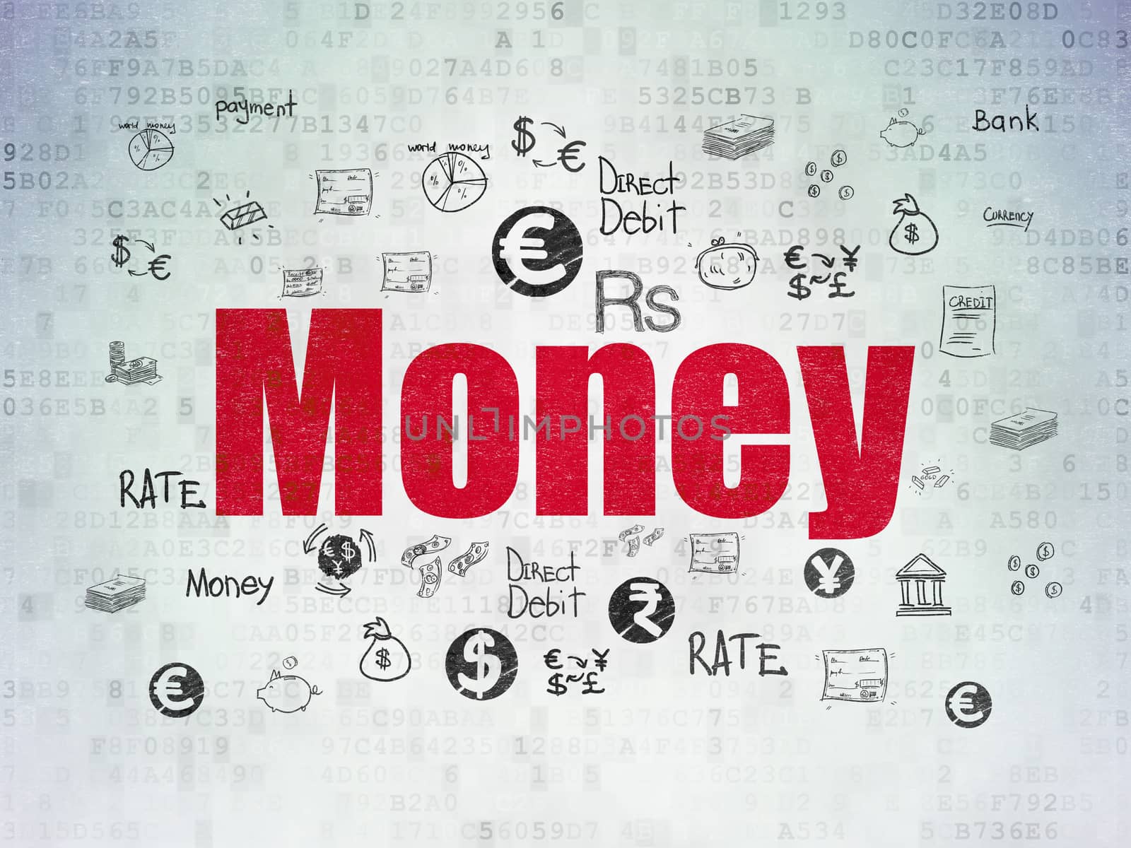 Currency concept: Painted red text Money on Digital Paper background with  Hand Drawn Finance Icons