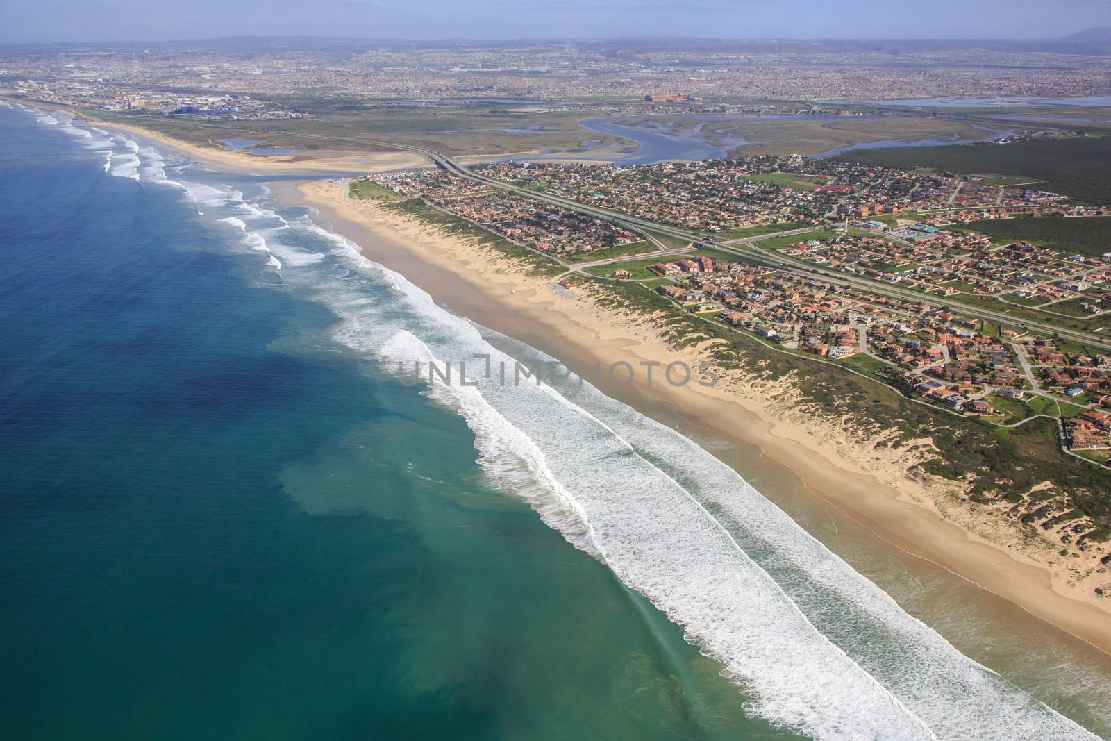 Aerial view of Swartkops River mouth and estuary in South Africa