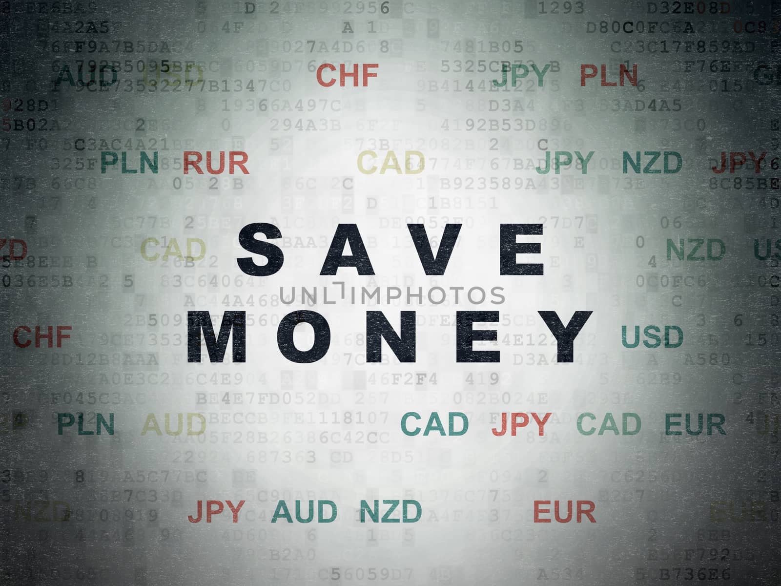 Money concept: Painted black text Save Money on Digital Paper background with Currency