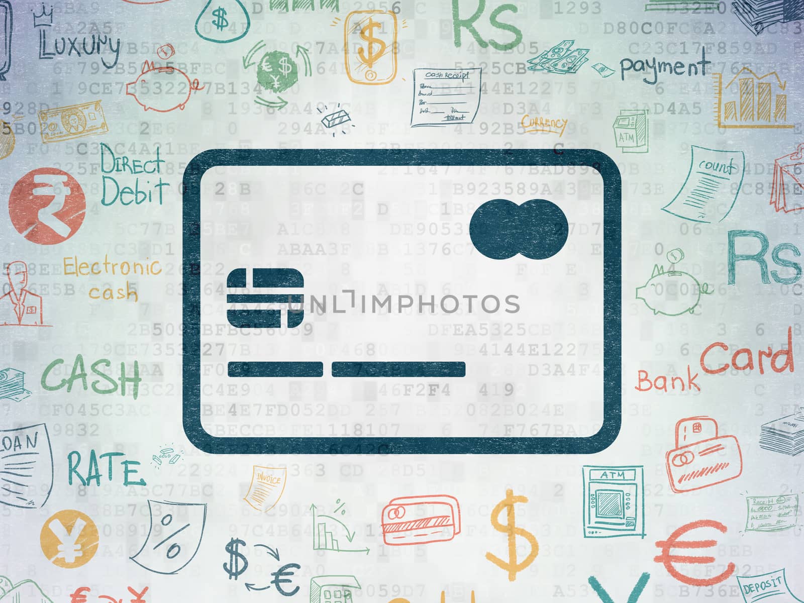 Currency concept: Painted blue Credit Card icon on Digital Paper background with  Hand Drawn Finance Icons