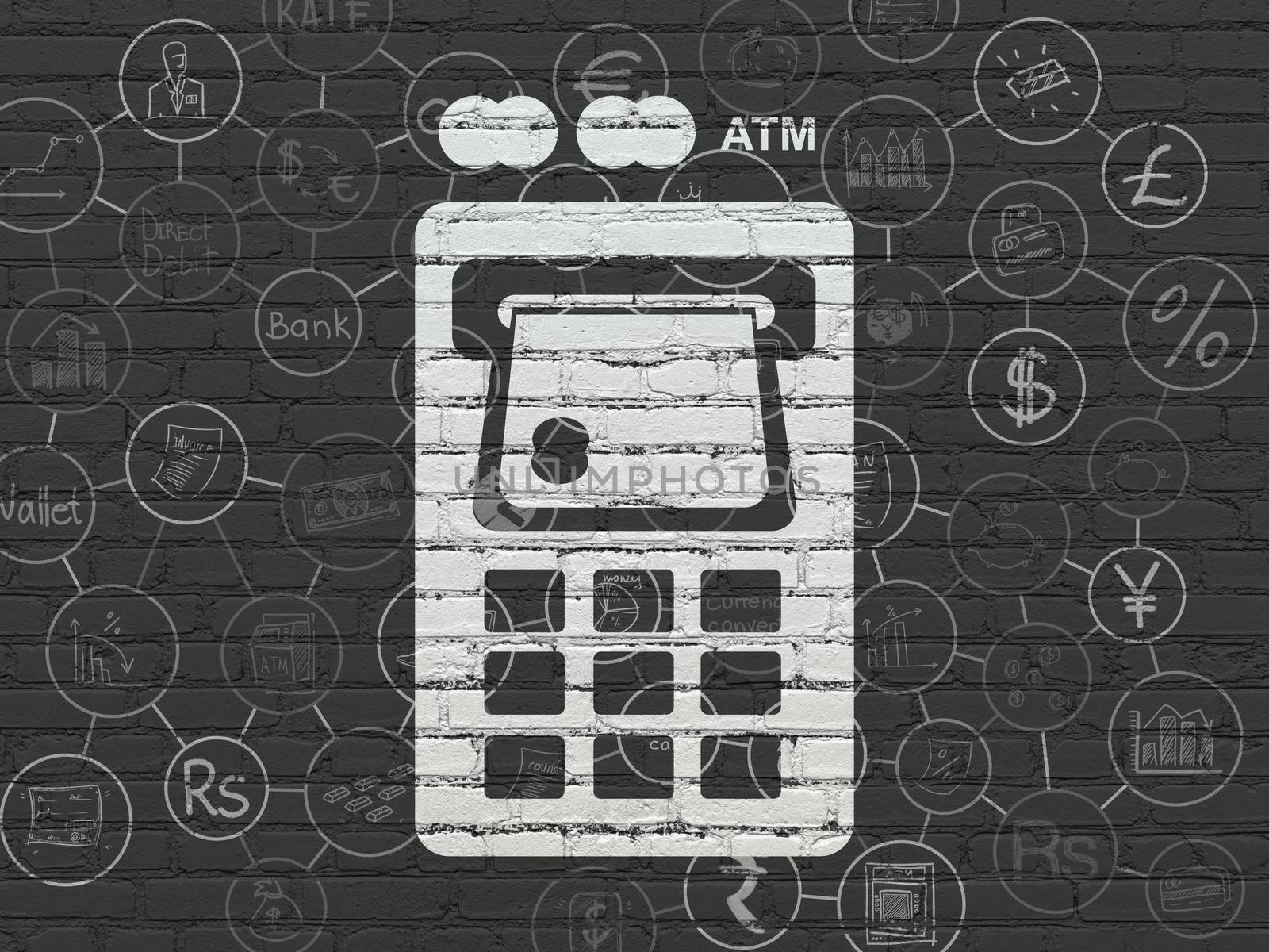 Money concept: Painted white ATM Machine icon on Black Brick wall background with Scheme Of Hand Drawn Finance Icons