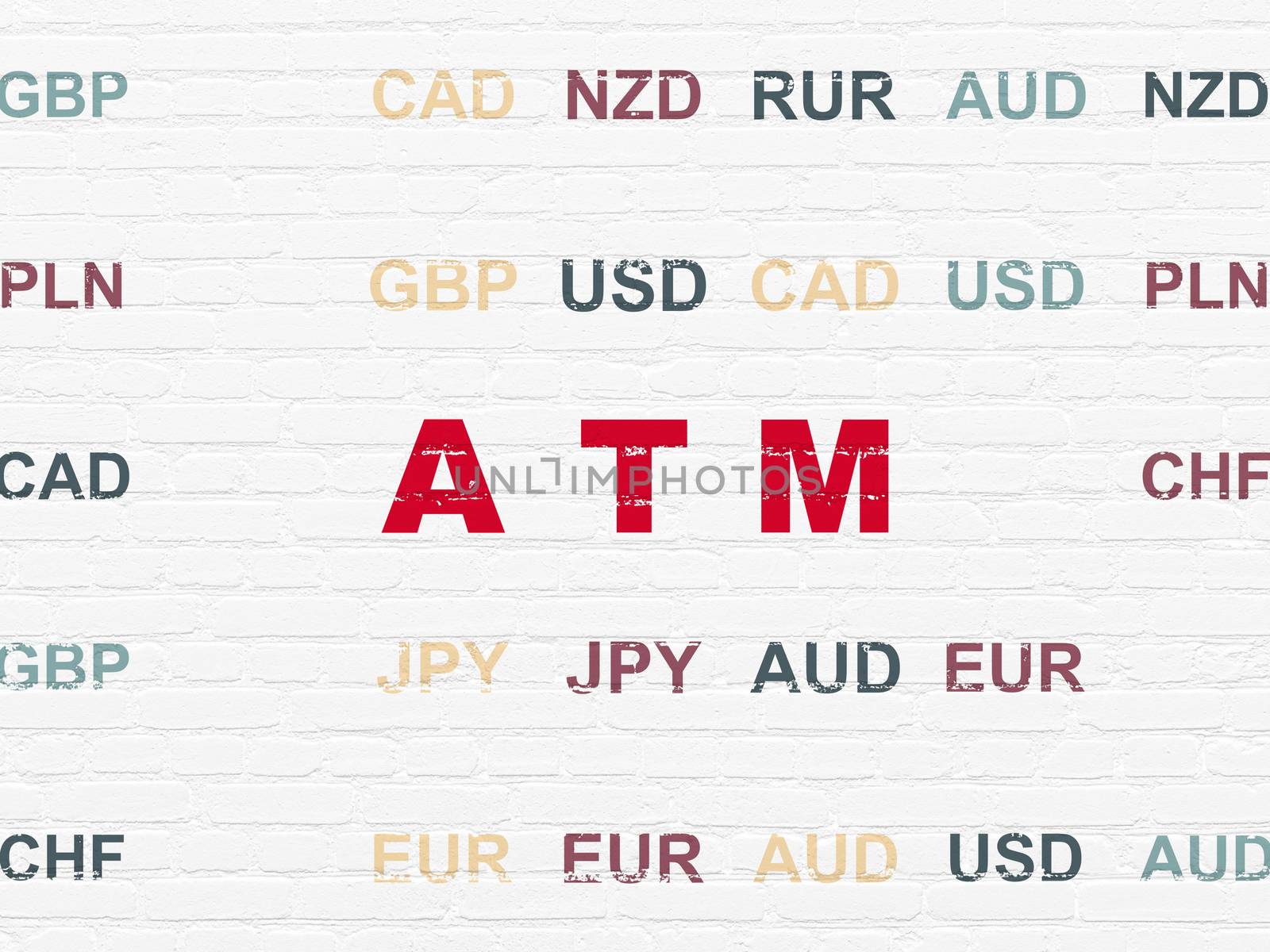 Banking concept: Painted red text ATM on White Brick wall background with Currency