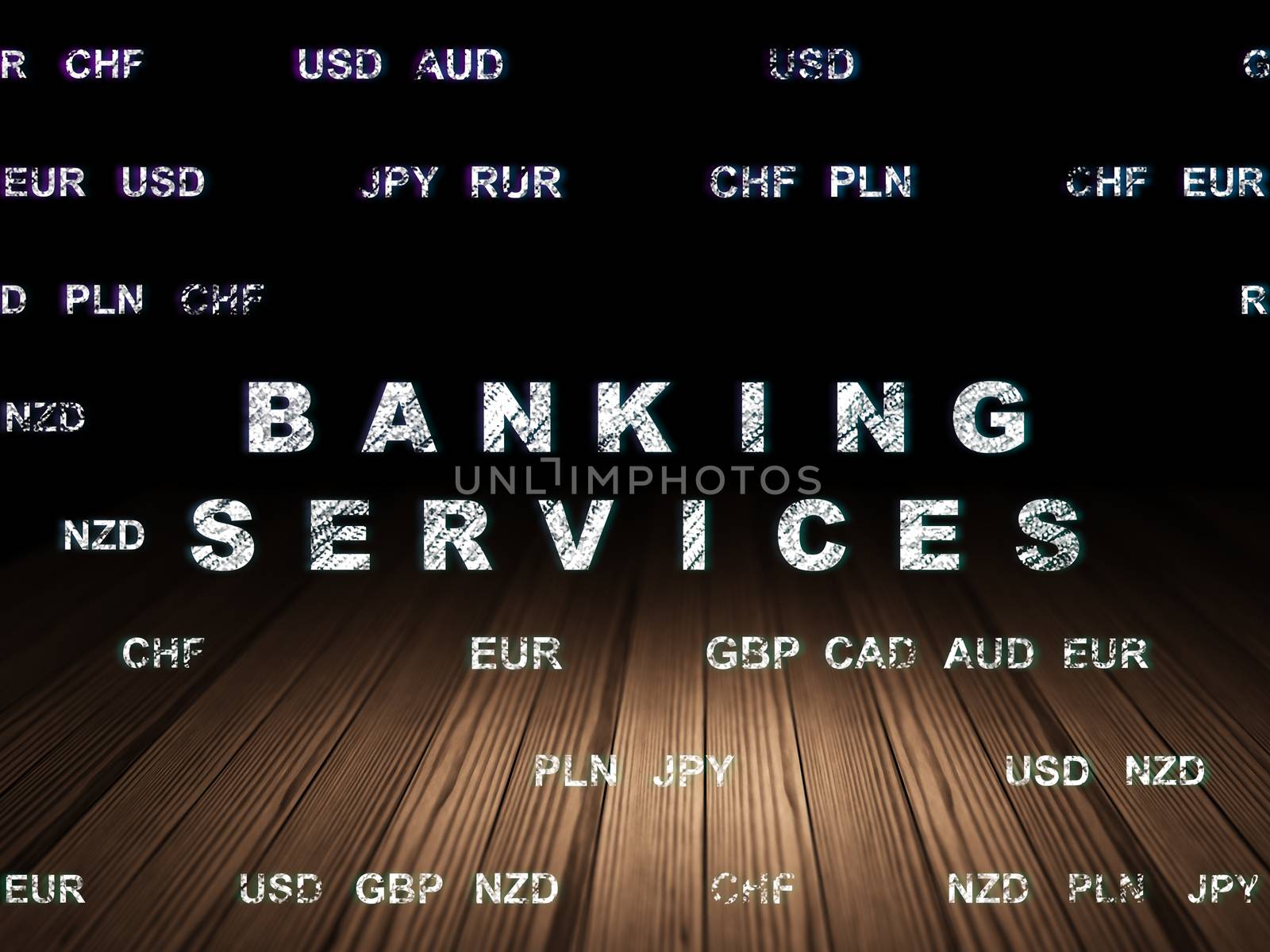 Banking concept: Glowing text Banking Services in grunge dark room with Wooden Floor, black background with Currency