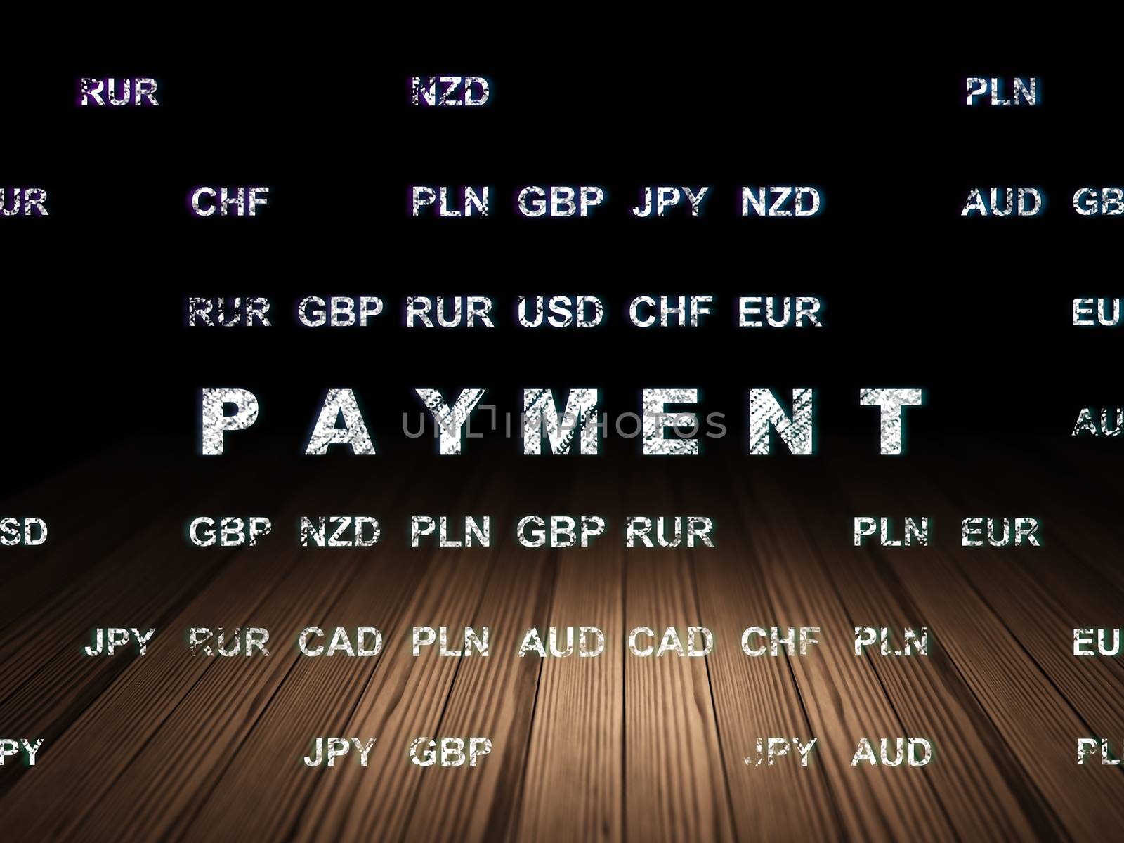 Money concept: Glowing text Payment in grunge dark room with Wooden Floor, black background with Currency