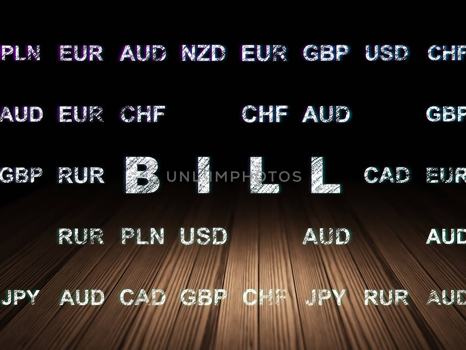 Money concept: Glowing text Bill in grunge dark room with Wooden Floor, black background with Currency