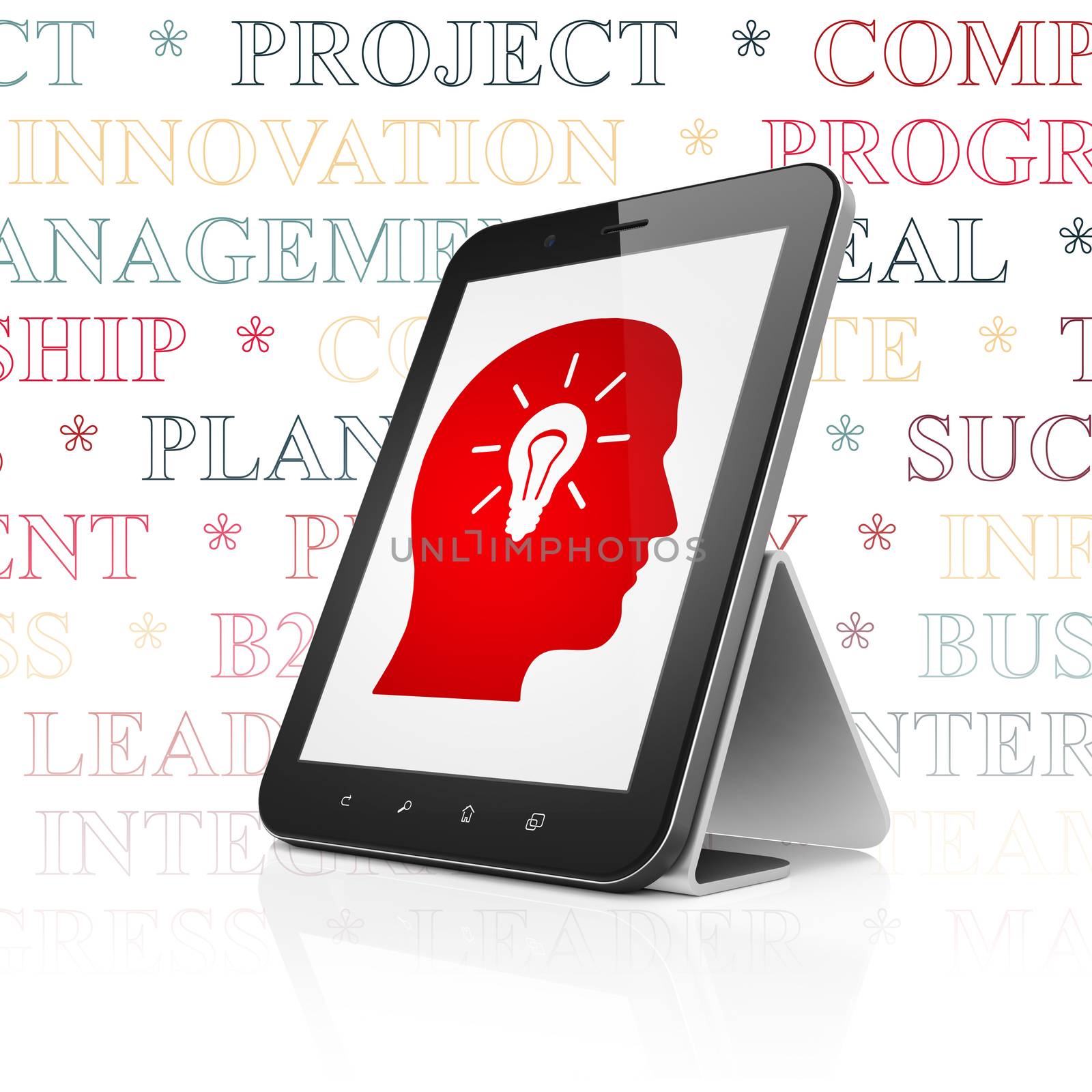 Business concept: Tablet Computer with  red Head With Light Bulb icon on display,  Tag Cloud background
