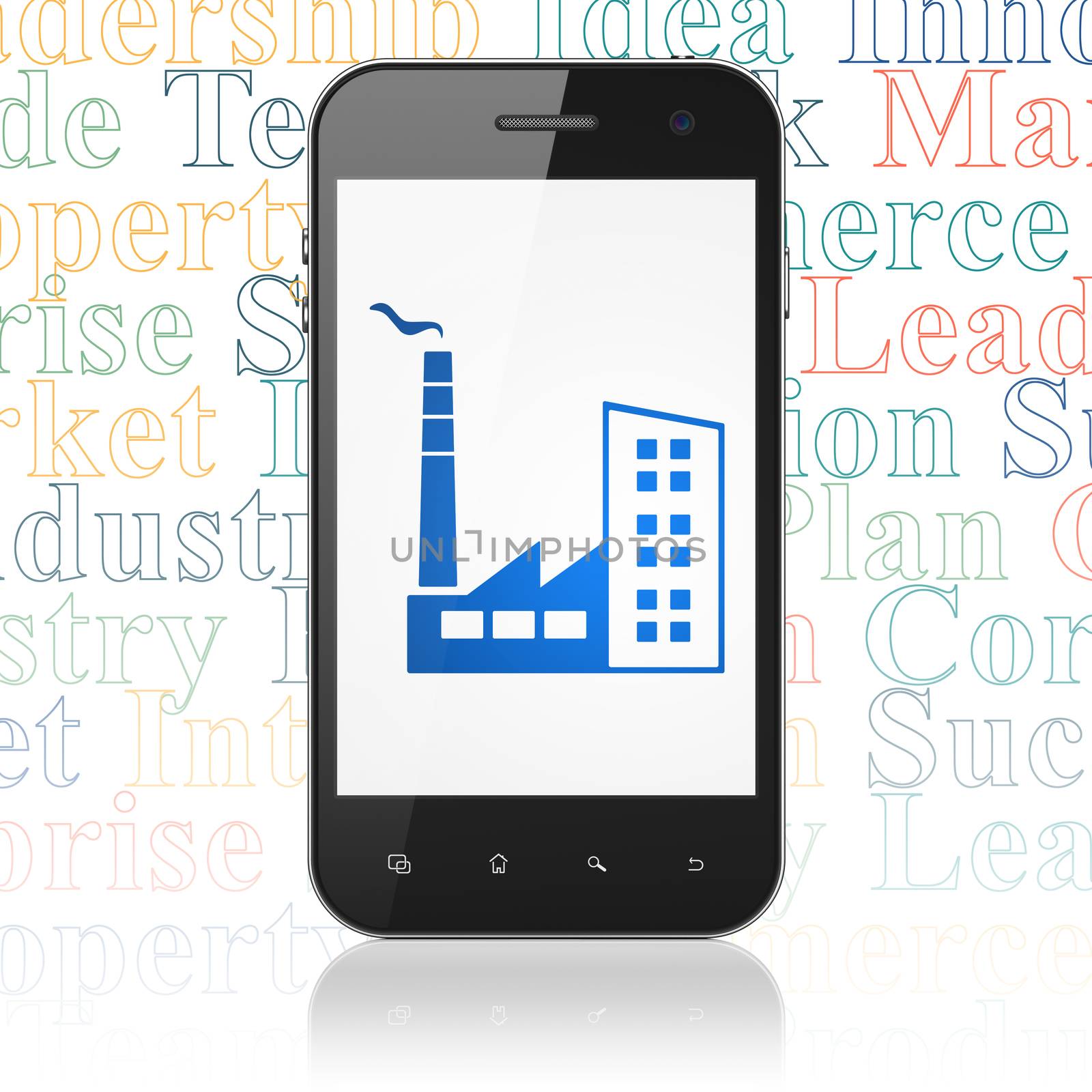 Business concept: Smartphone with  blue Industry Building icon on display,  Tag Cloud background