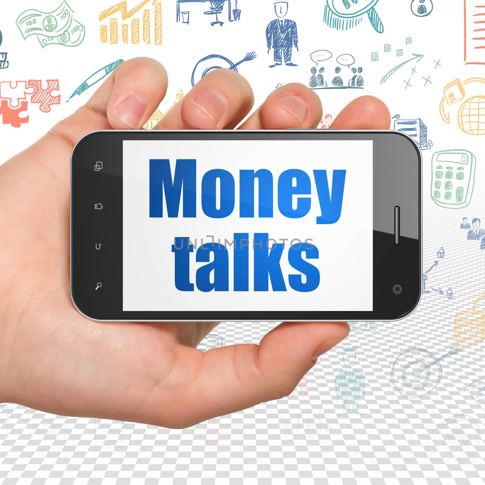 Finance concept: Hand Holding Smartphone with  blue text Money Talks on display,  Hand Drawn Business Icons background