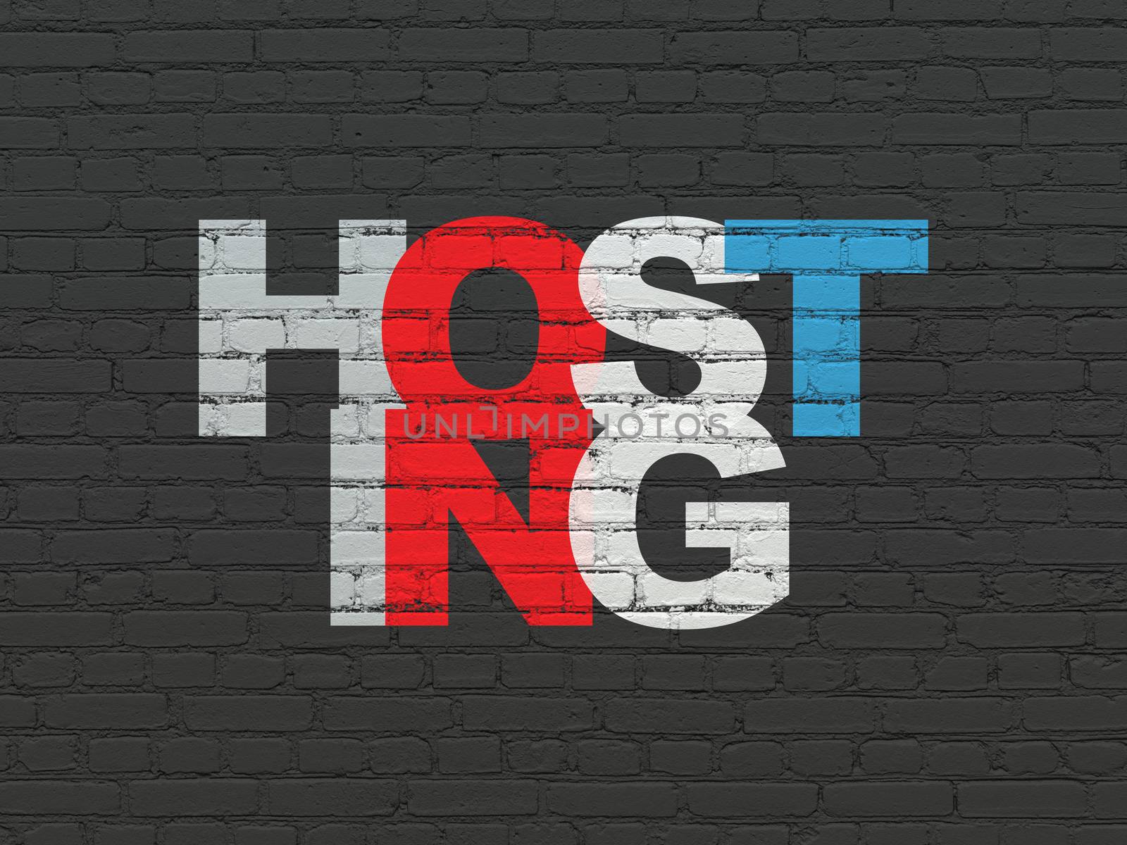 Web development concept: Painted multicolor text Hosting on Black Brick wall background