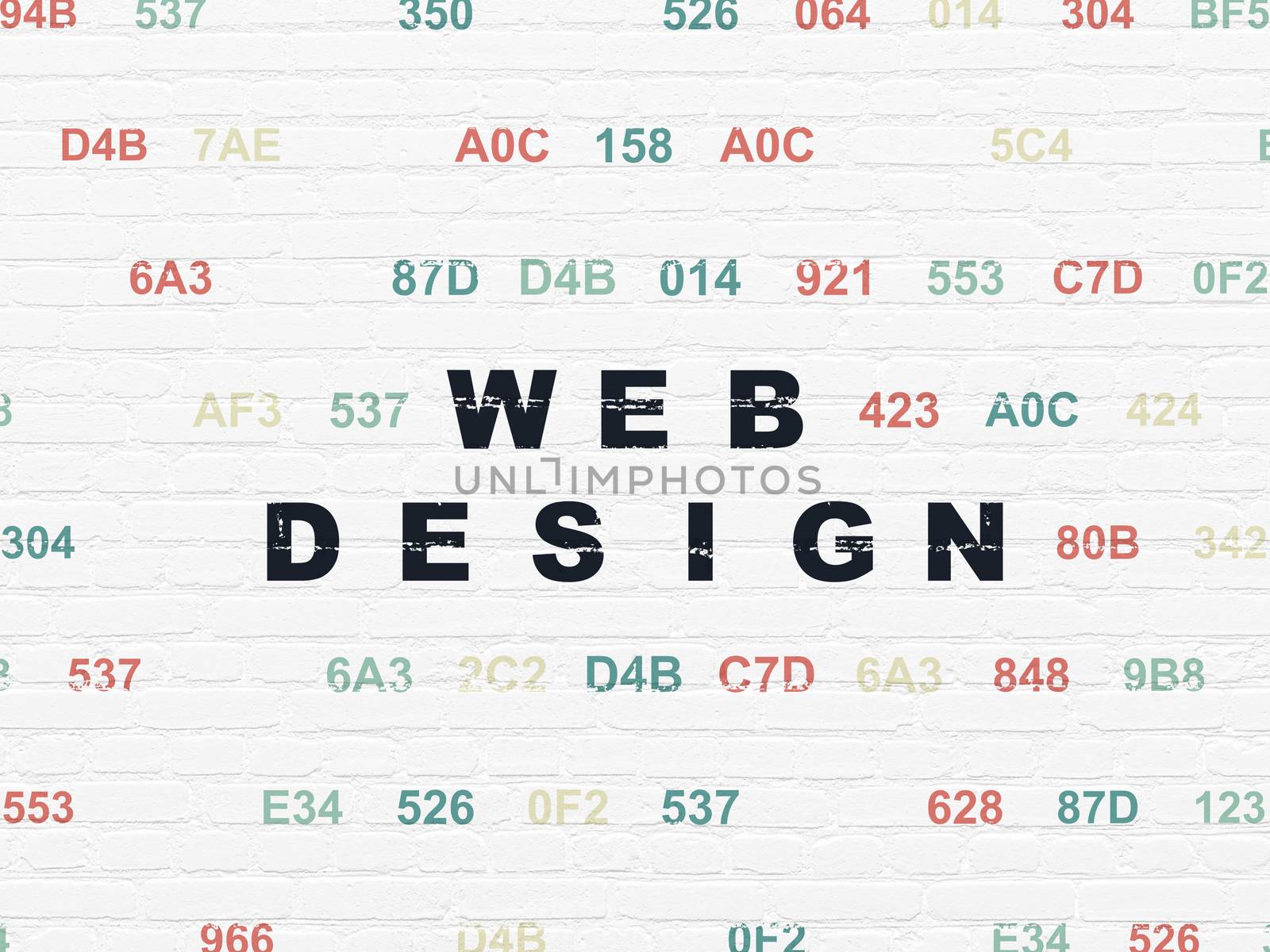 Web design concept: Painted black text Web Design on White Brick wall background with Hexadecimal Code