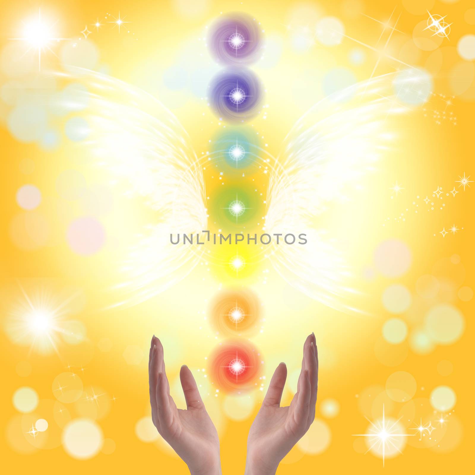 Healing hands and seven chakras on a sky background with rainbow