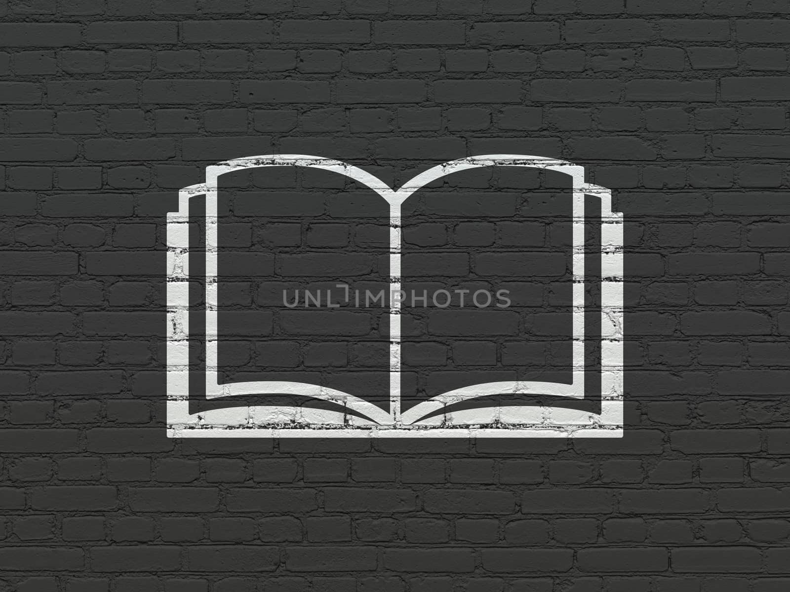 Studying concept: Painted white Book icon on Black Brick wall background