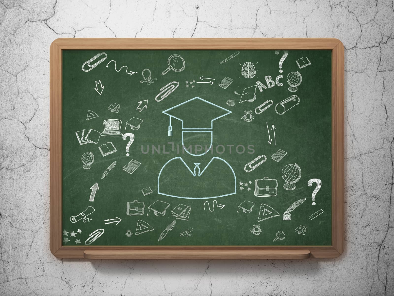 Education concept: Chalk Blue Student icon on School Board background with Scheme Of Hand Drawn Education Icons