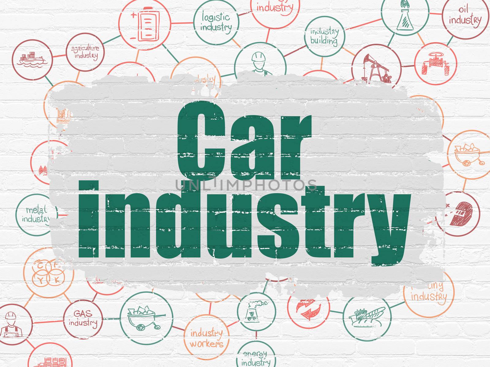 Manufacuring concept: Painted green text Car Industry on White Brick wall background with Scheme Of Hand Drawn Industry Icons