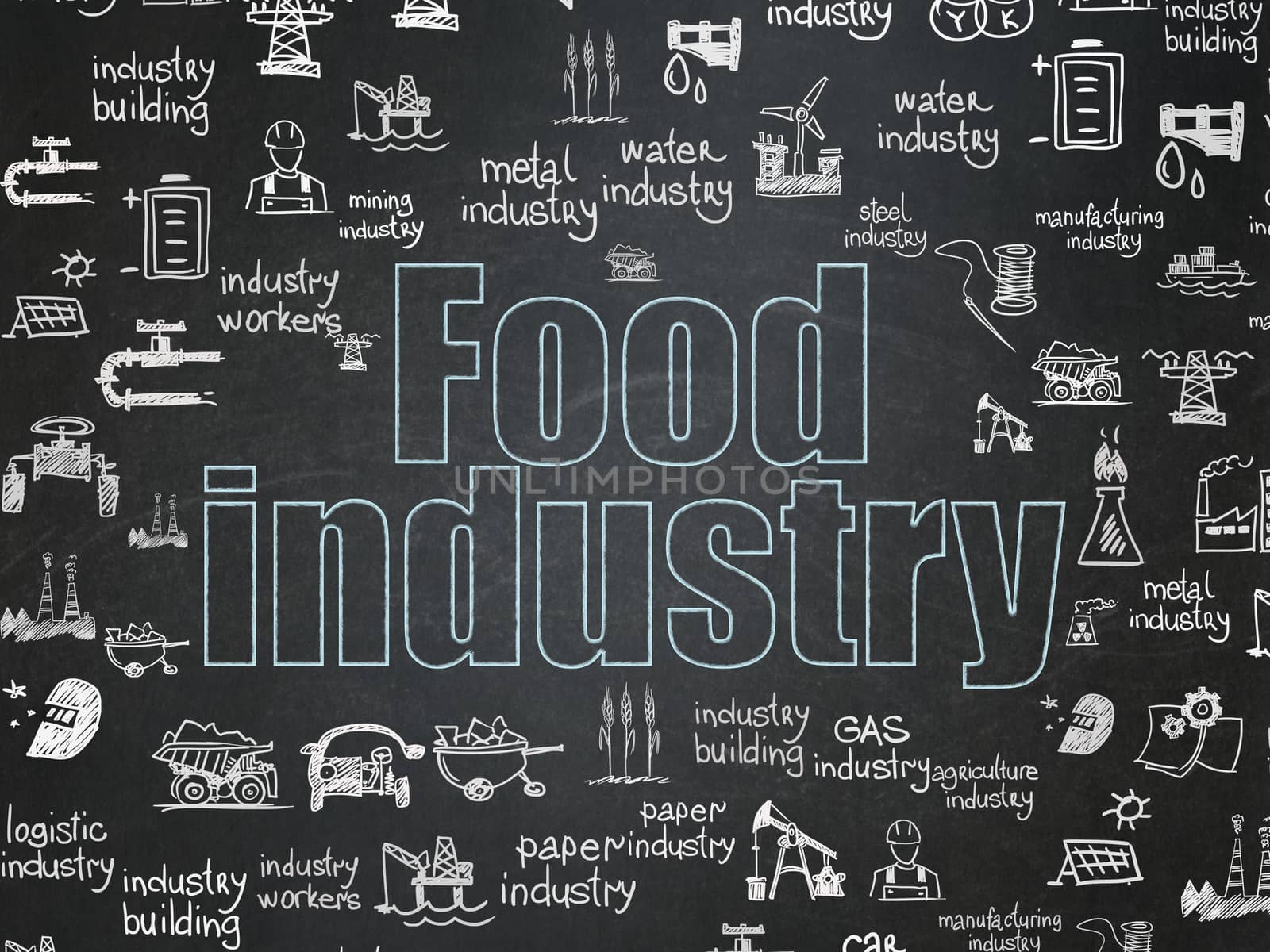 Manufacuring concept: Chalk Blue text Food Industry on School Board background with  Hand Drawn Industry Icons