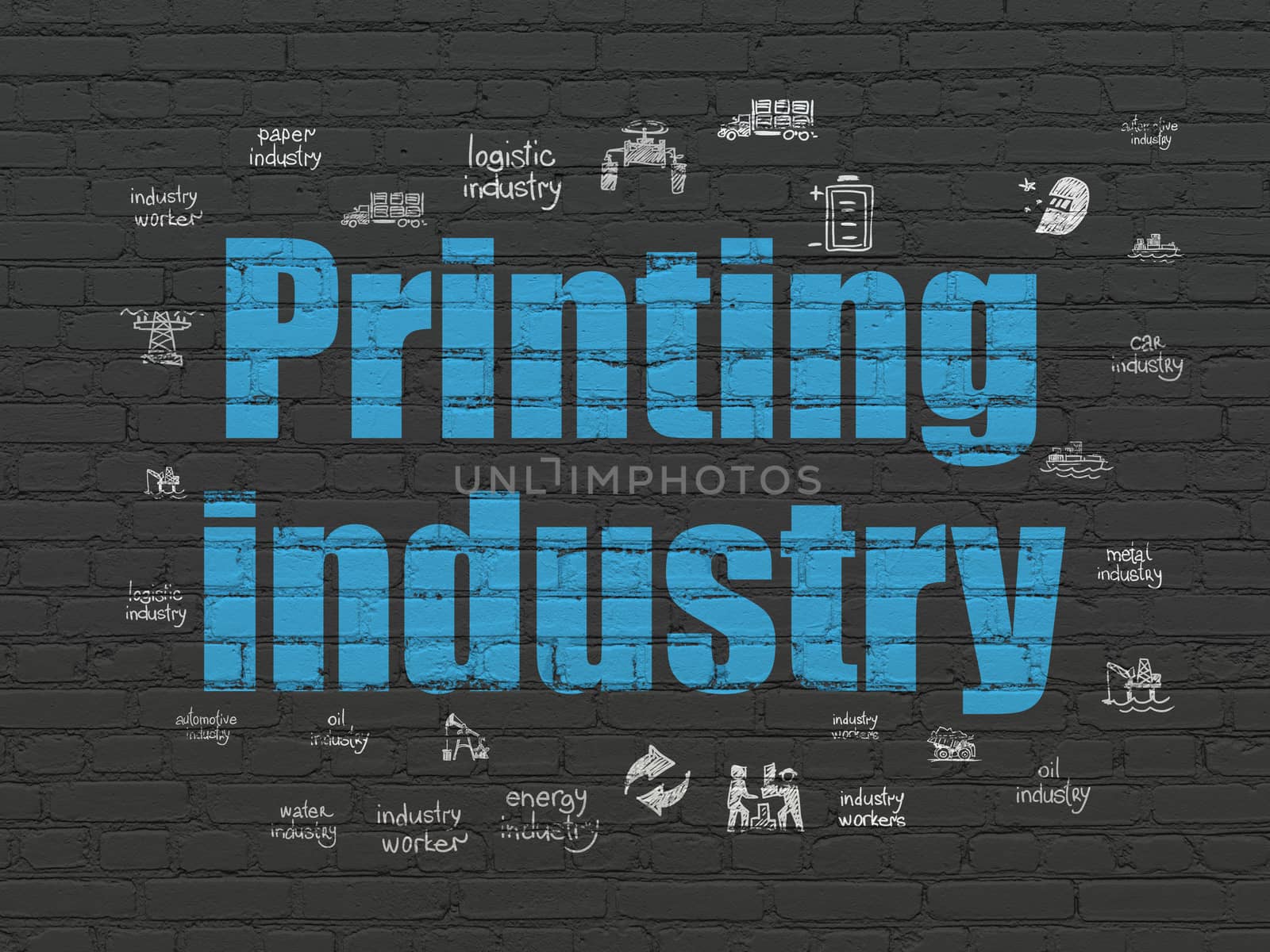 Industry concept: Painted blue text Printing Industry on Black Brick wall background with  Hand Drawn Industry Icons