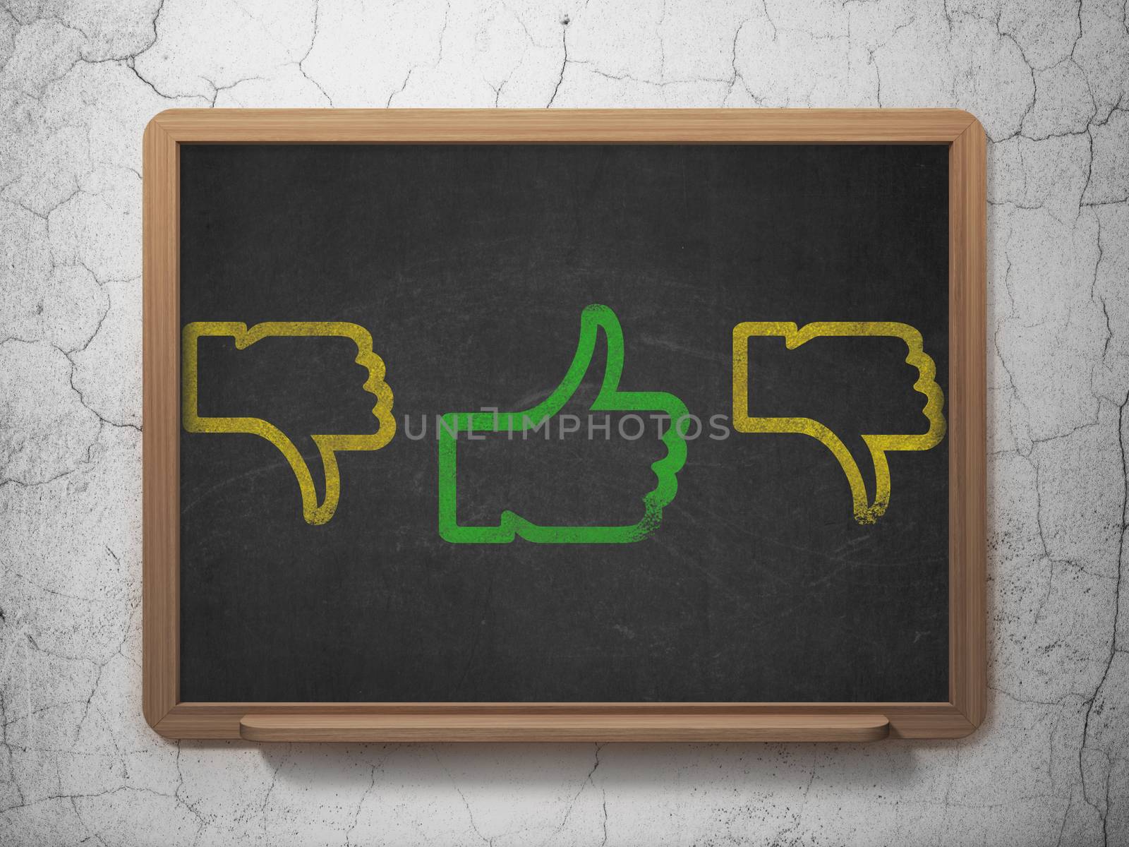 Social media concept: row of Painted yellow thumb down icons around green thumb up icon on School Board background