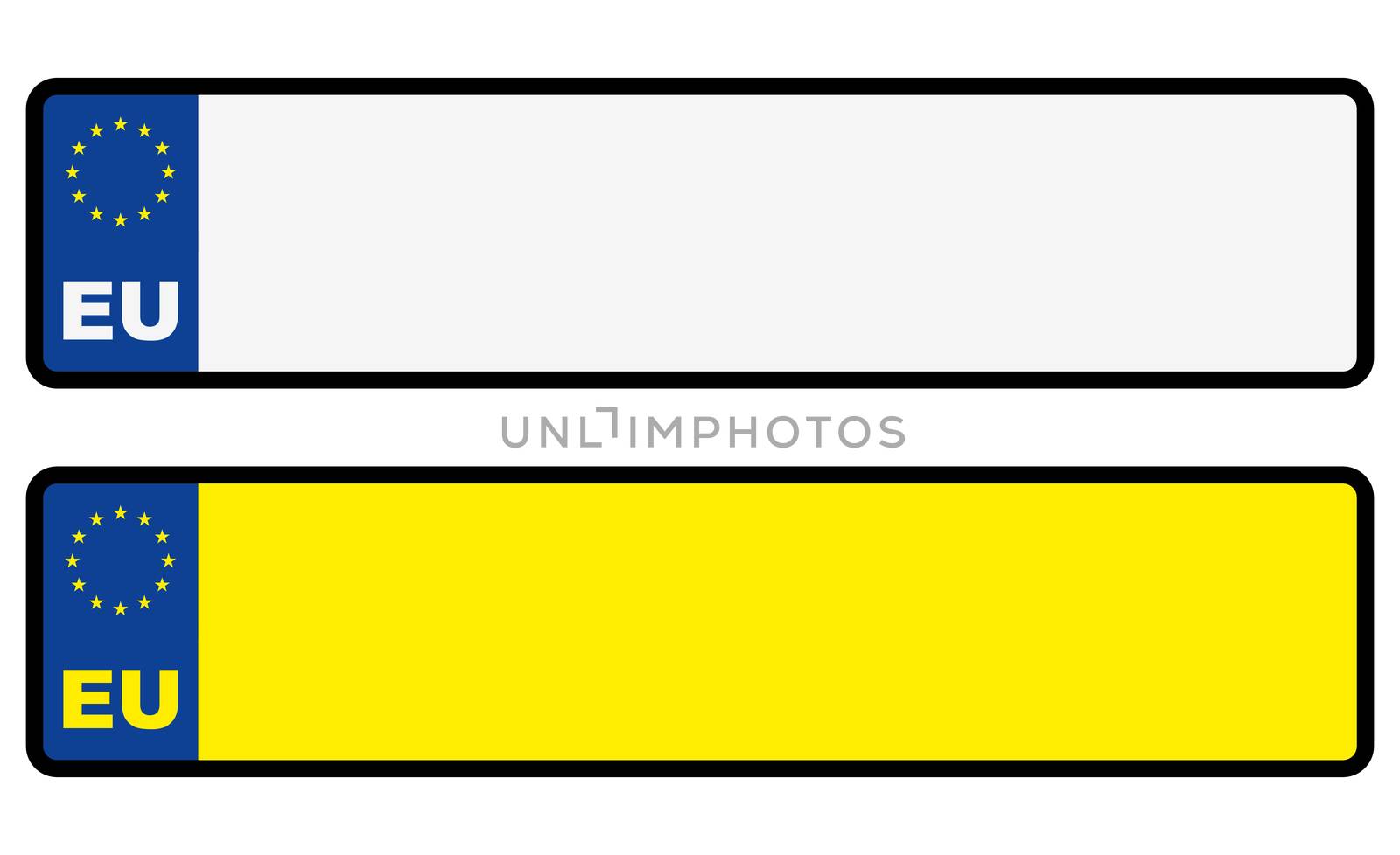 Abstract European car blank number plate or empty EU automobile registration license tag in white and yellow variations isolated with free copy-space area for your text