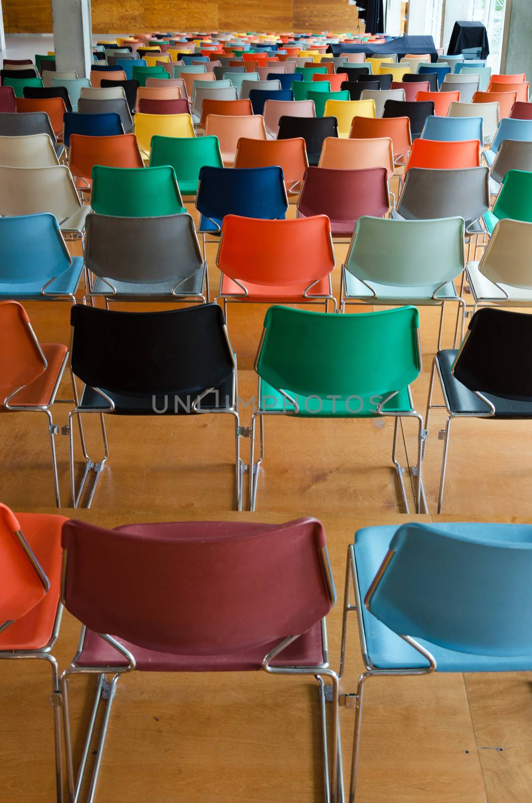 Back of colorful chairs in Auditorium