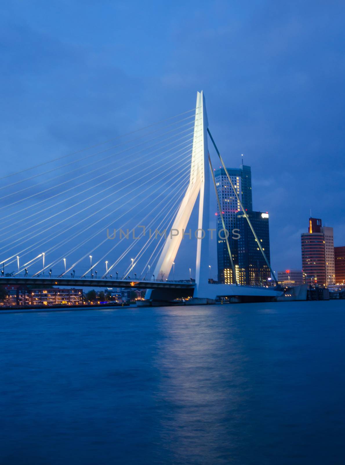 Twilight at Erasmus Bridge in Rotterdam, Netherlands