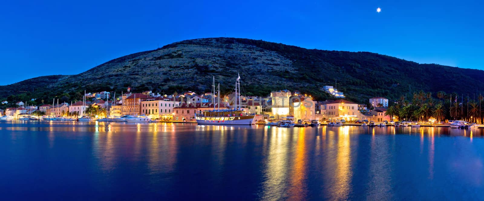 Blue evening in Vis town panoramic view, Dalmatia, Croatia
