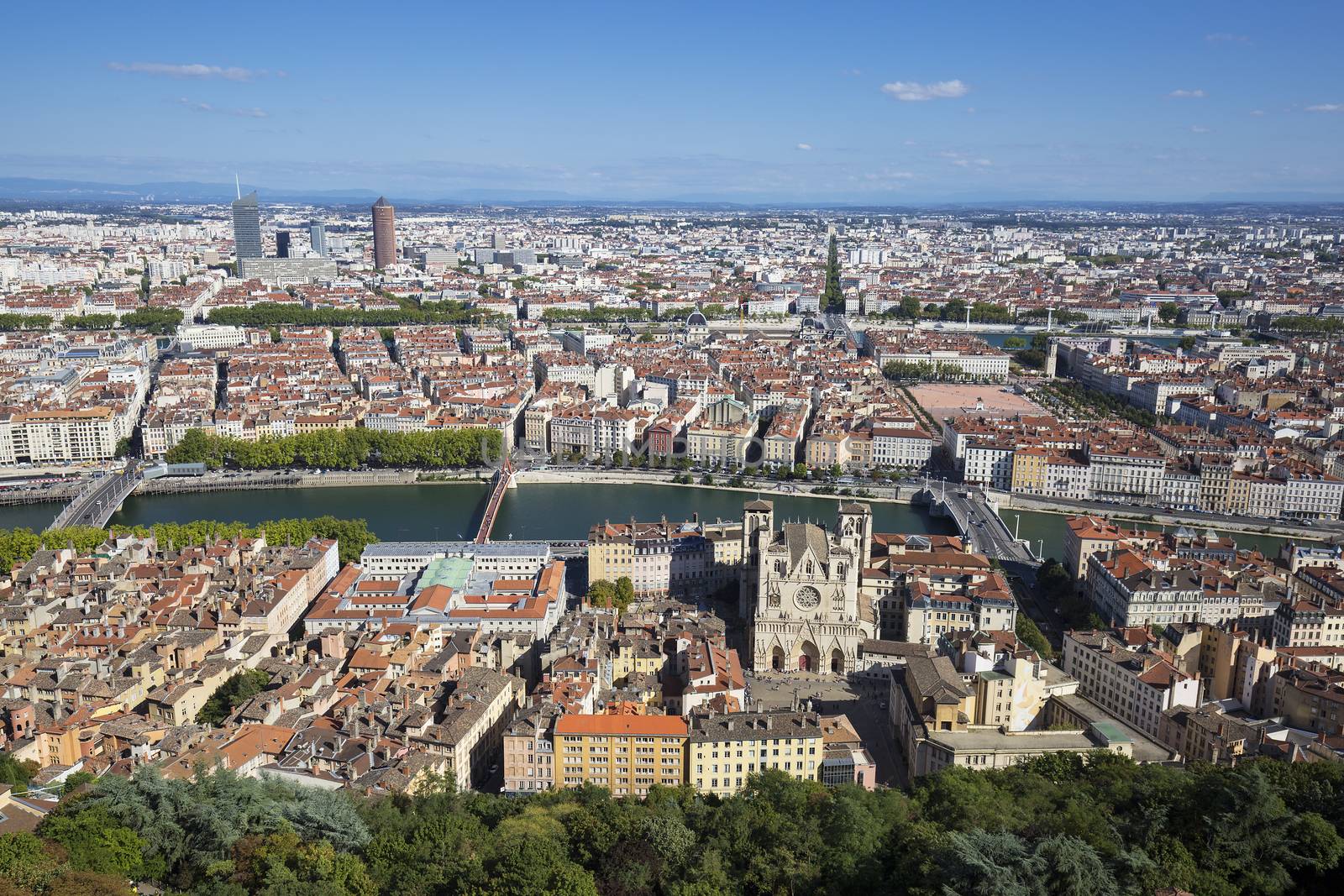 Aerial view of Lyon from the top of Notre Dame de Fourviere, France