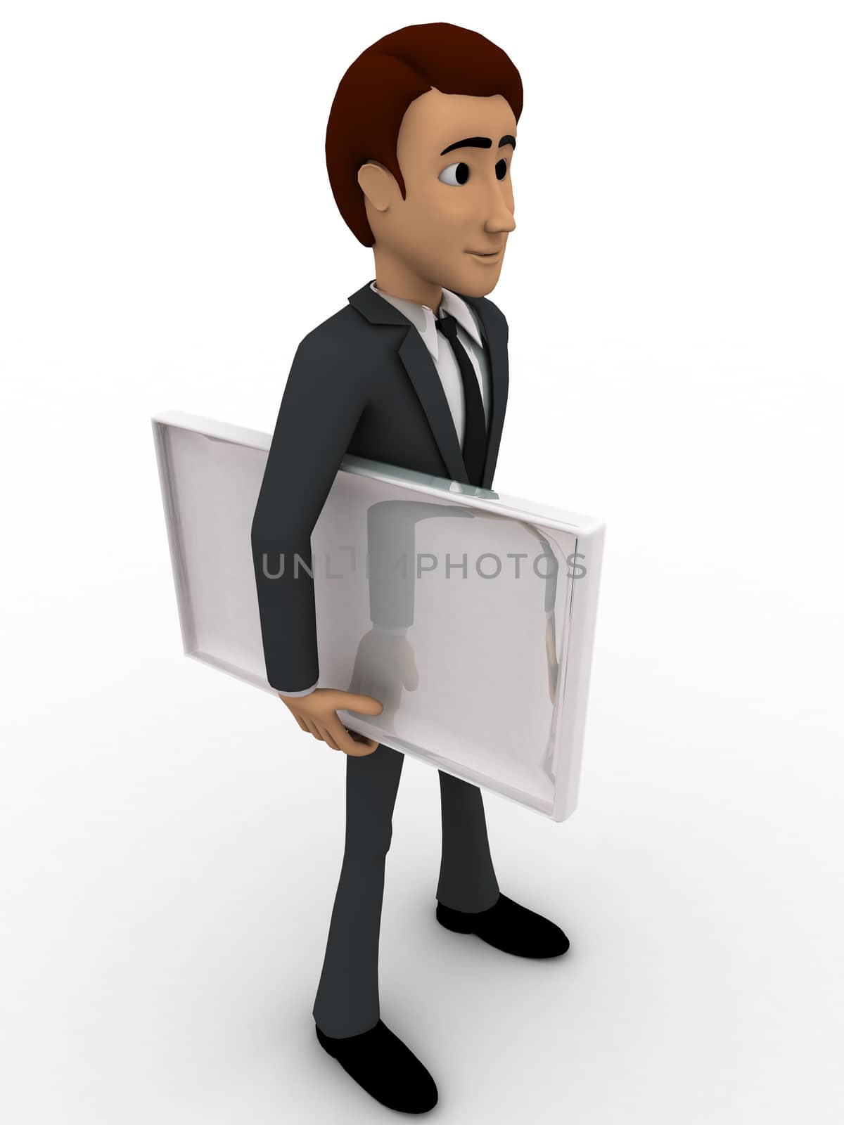 3d man holding empty white board concept on white background, side angle view