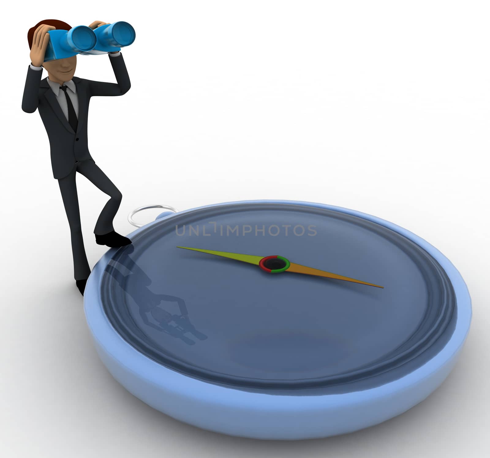 3d man with big compass and looking through binocular concept on white background, side angle view