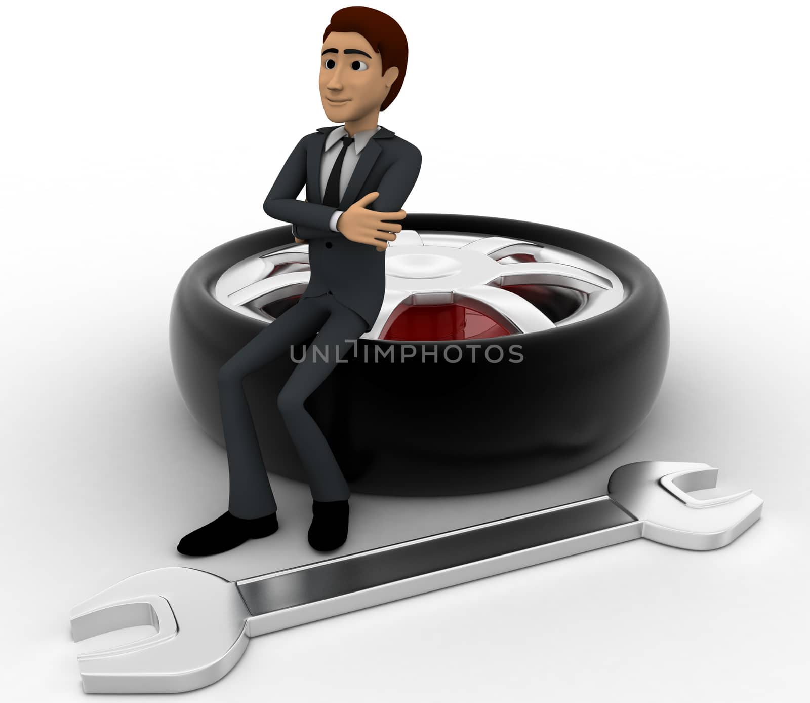 3d man sitting on tire with wrench concept on white background, side angle view