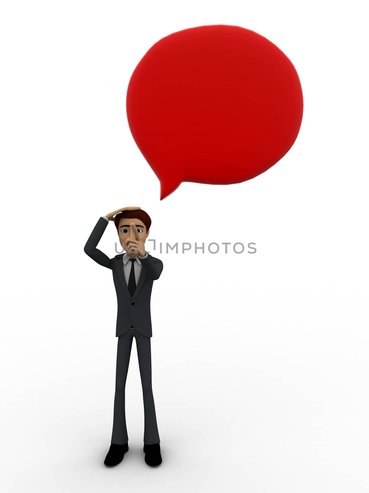 3d man with big red chat bubble concept on white background, front angle view