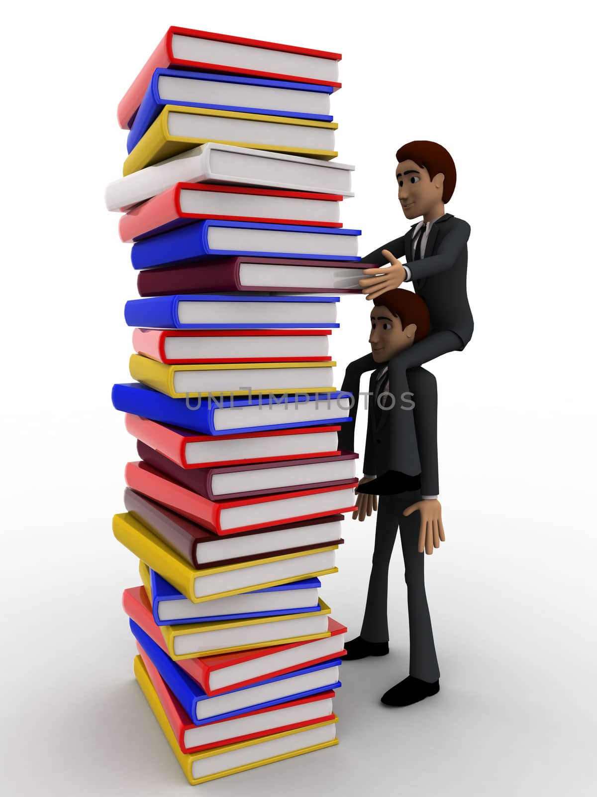 3d man help another man to take out book from tall ple of books concept on white background,  side angle view