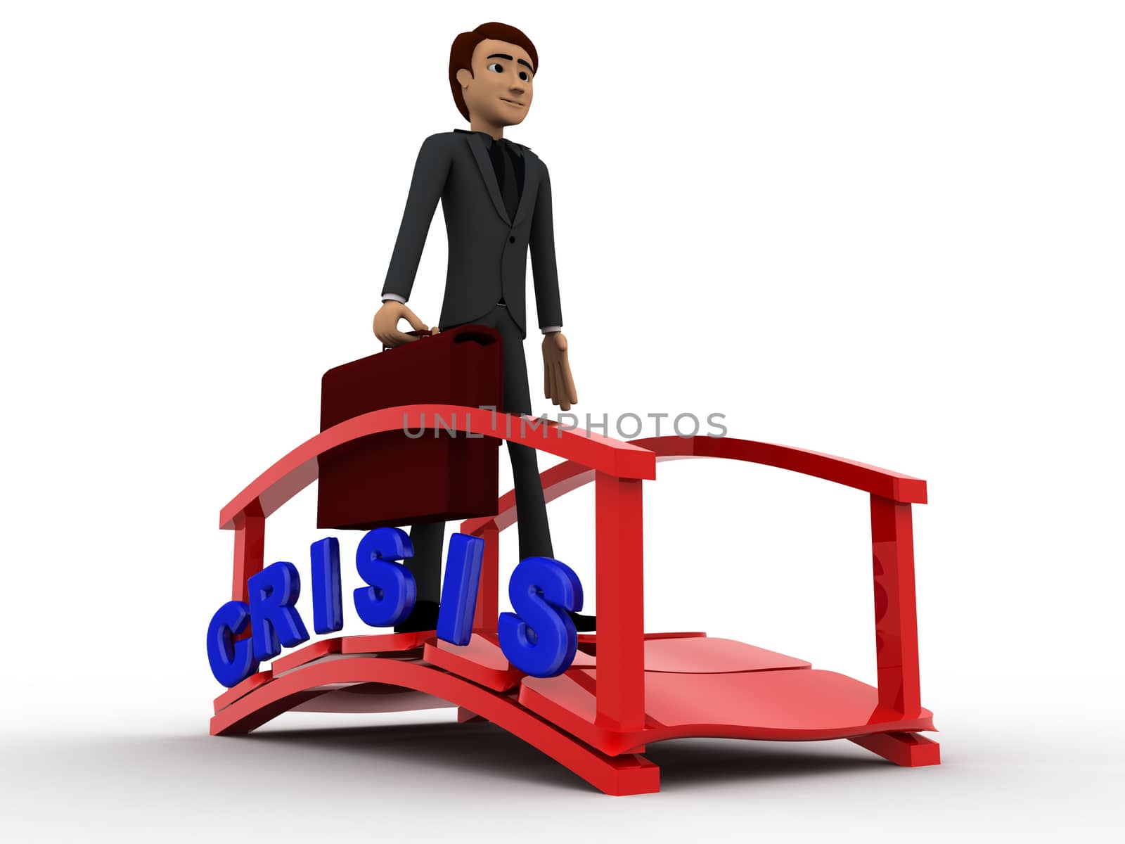 3d man crossing crisis bridge concept on white background,  side  angle view