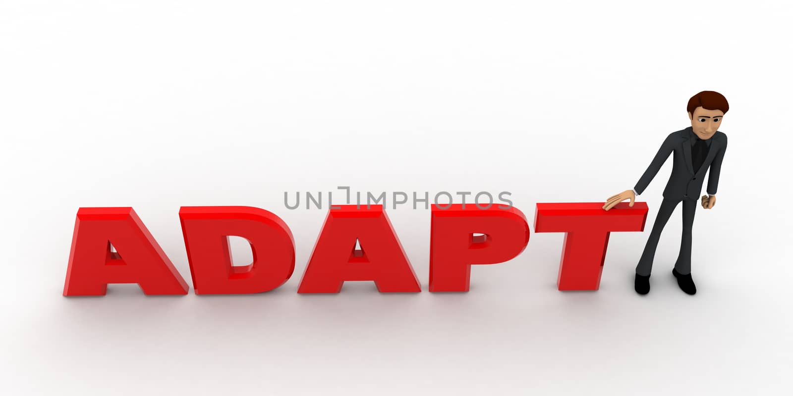 3d man in front of adapt text concept on white background,  top  angle view