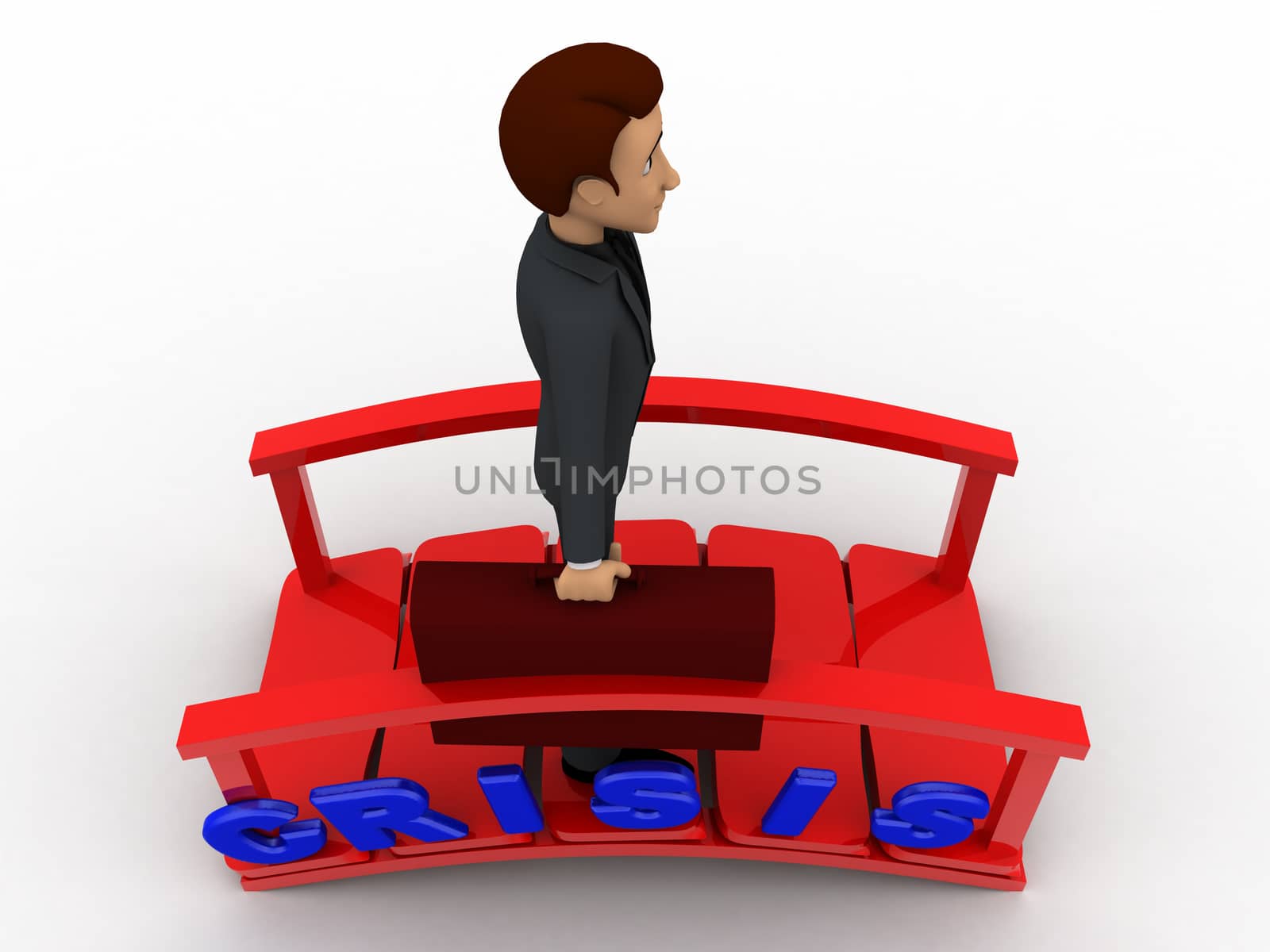 3d man crossing crisis bridge concept on white background,  top angle view