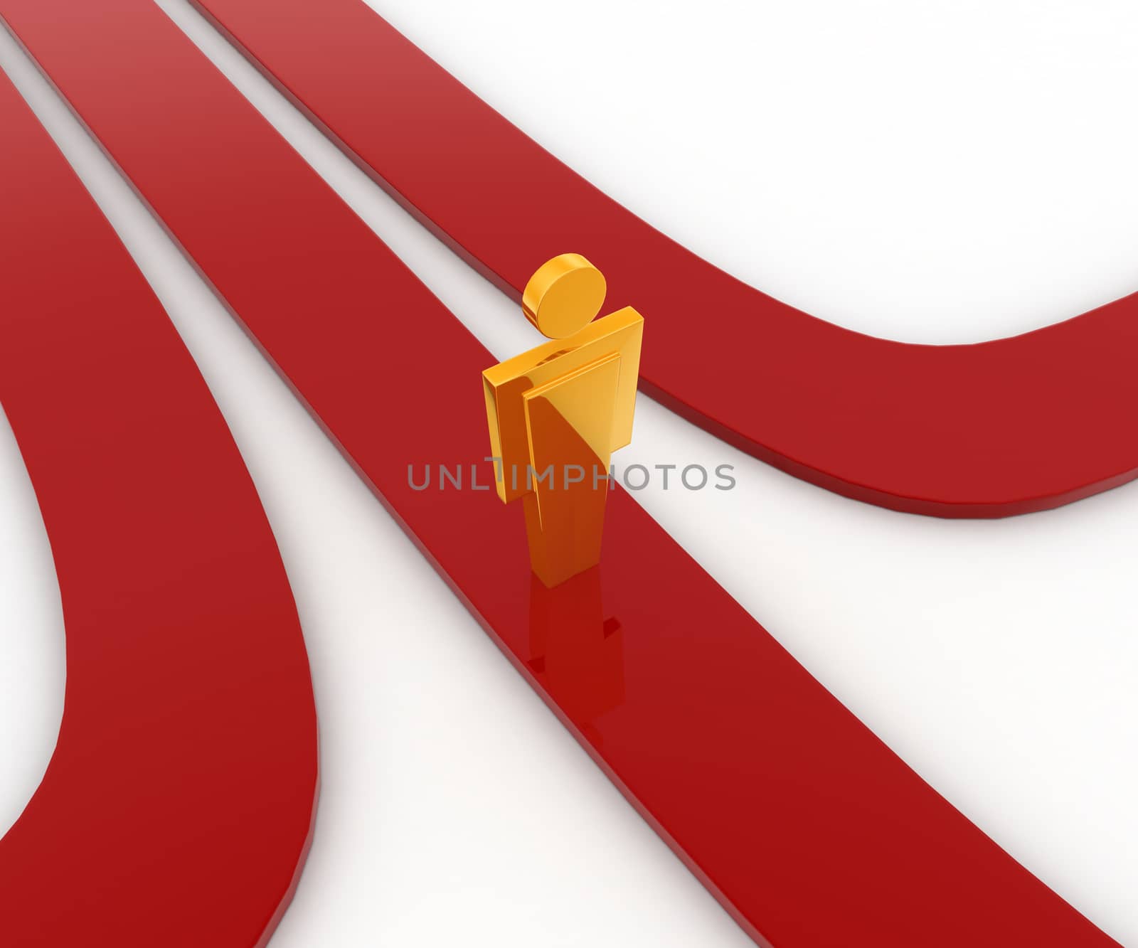 3d man on middle track from three different track concept on white background , side angle view
