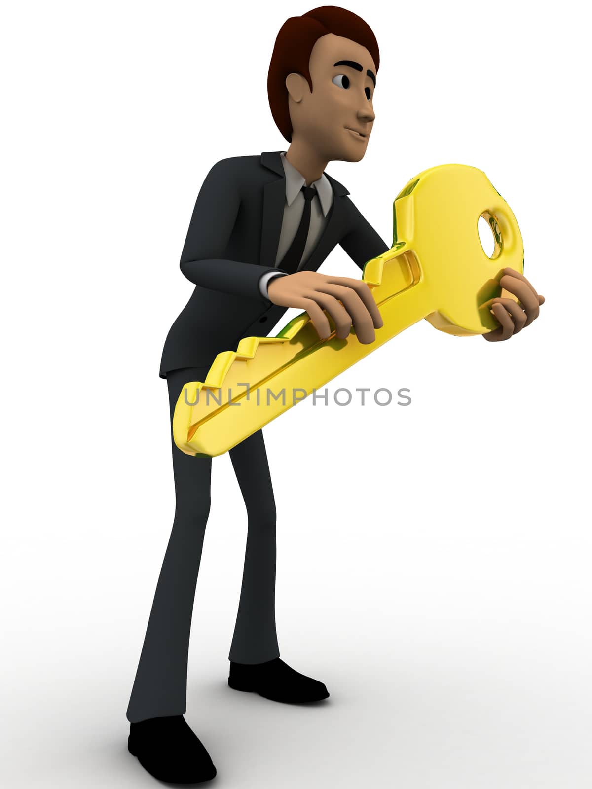 3d man with golden key concept on white background, side angle view