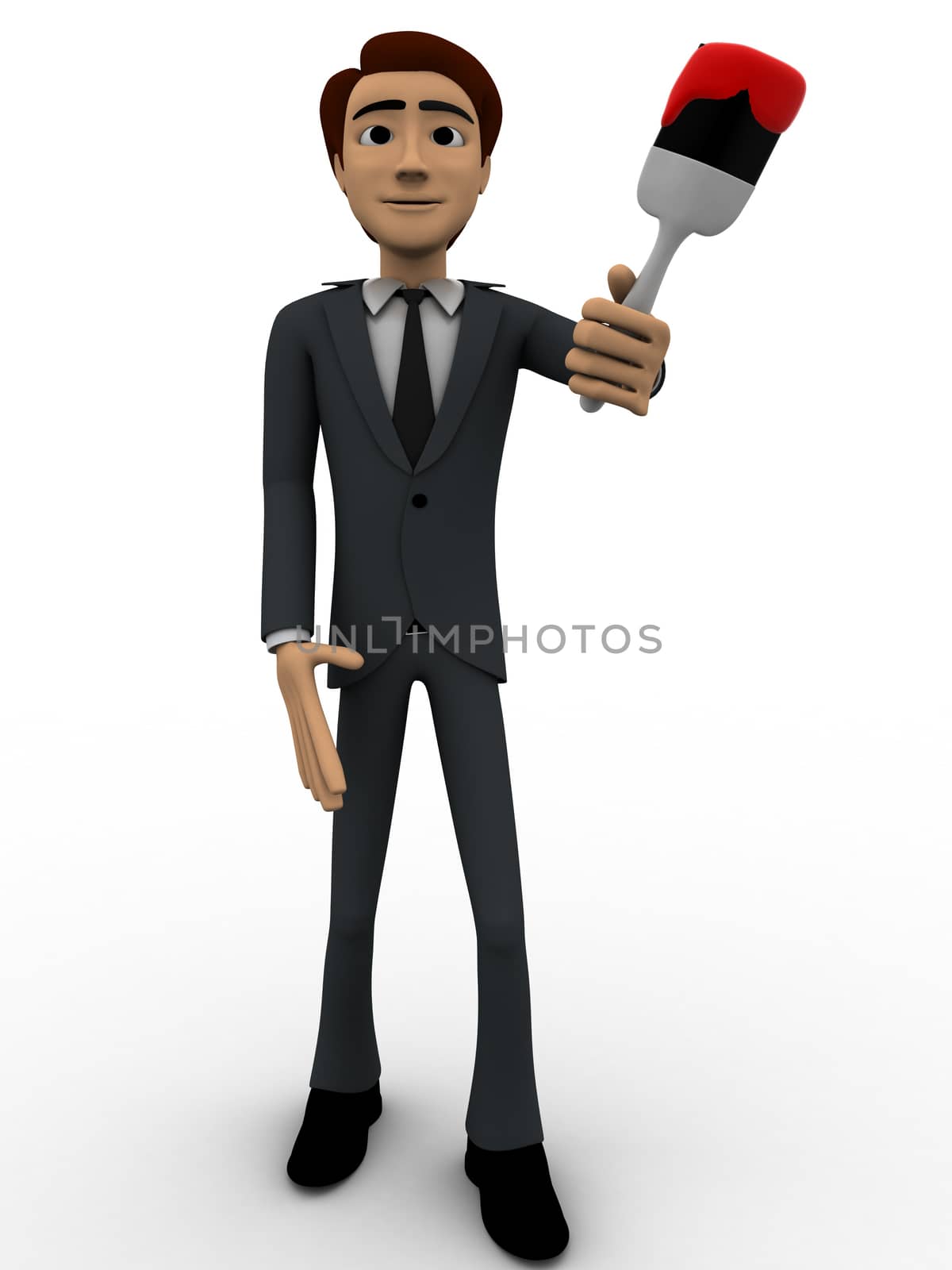 3d man with red paint color concept on white background, front angle view