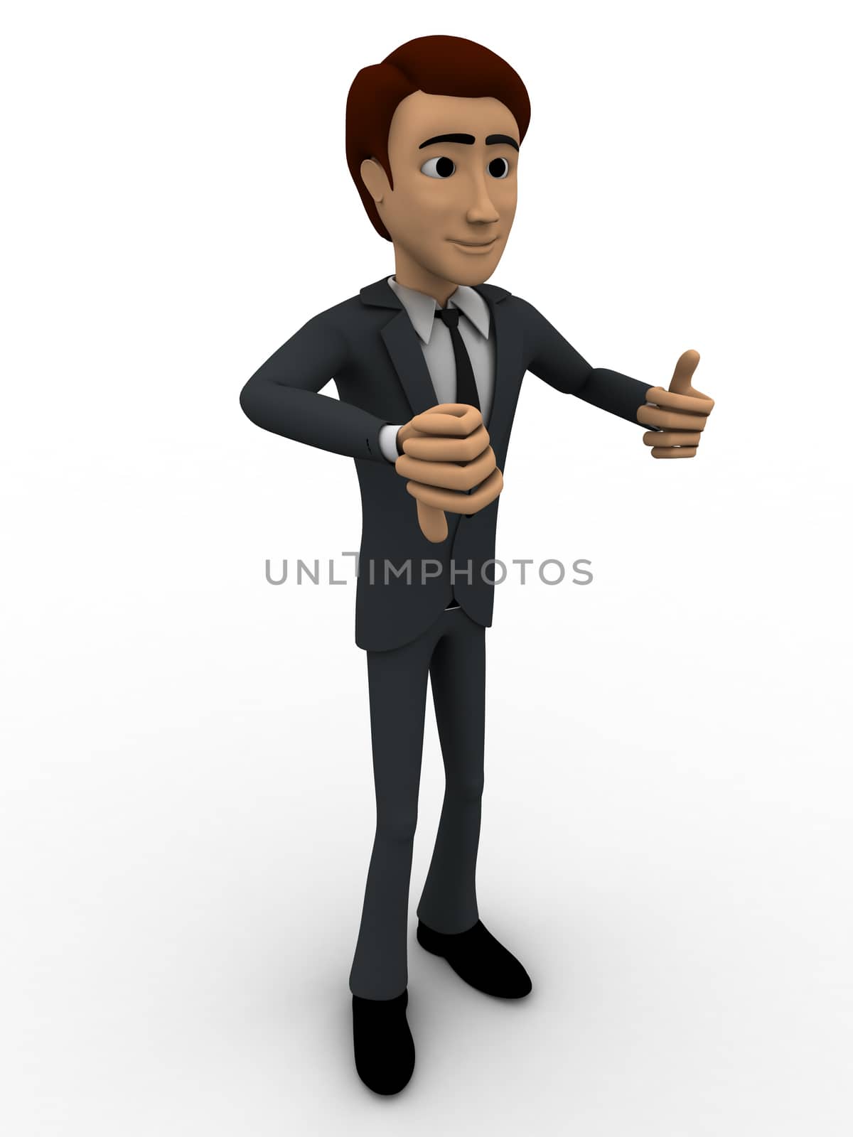 3d man showing thumb up and down using two hands concept on white background, side angle view