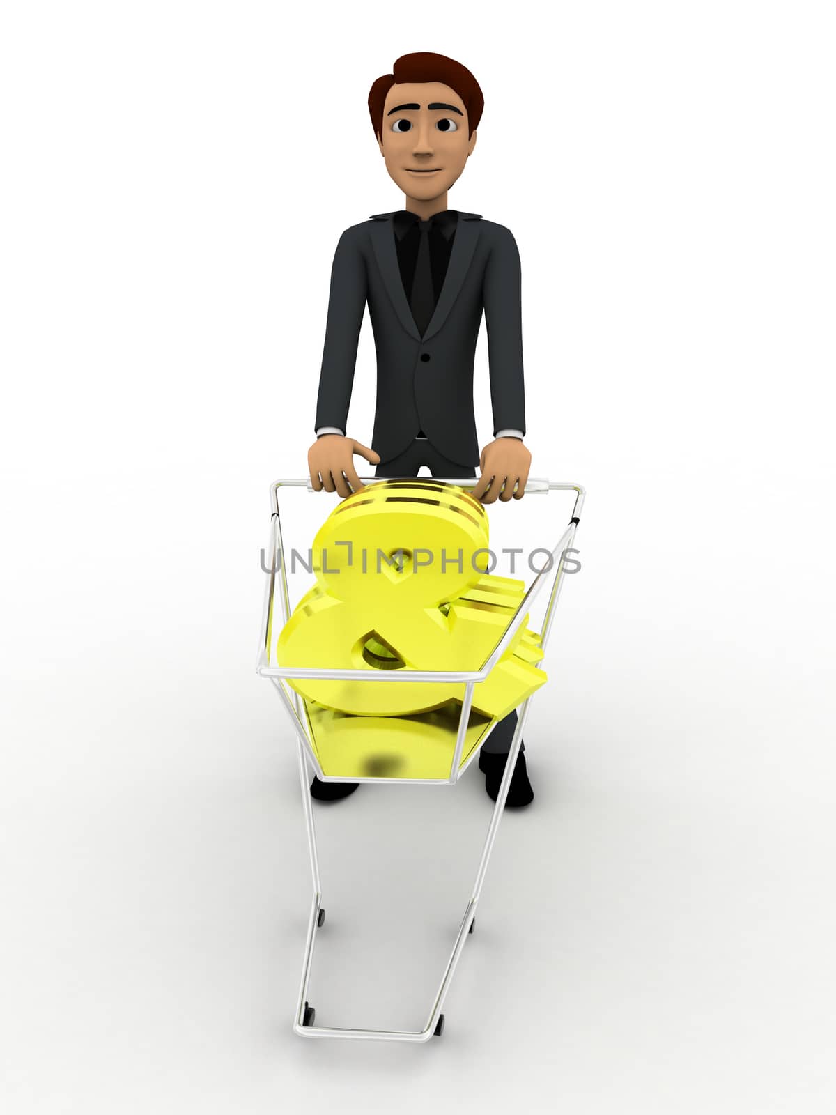 3d man pulling dollar symbol in cart concept on white background, front angle view