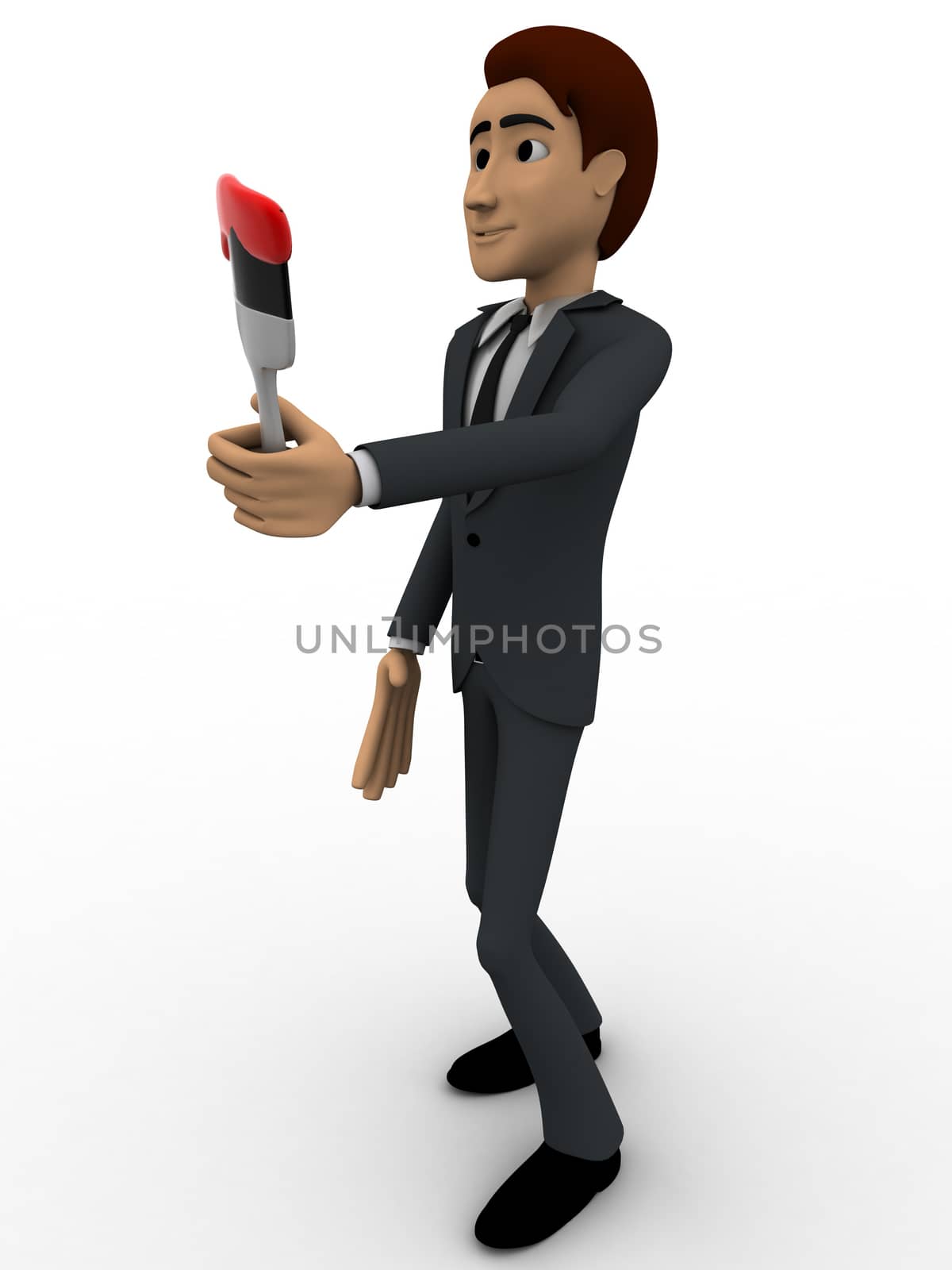 3d man with red paint color concept on white background,  side angle view