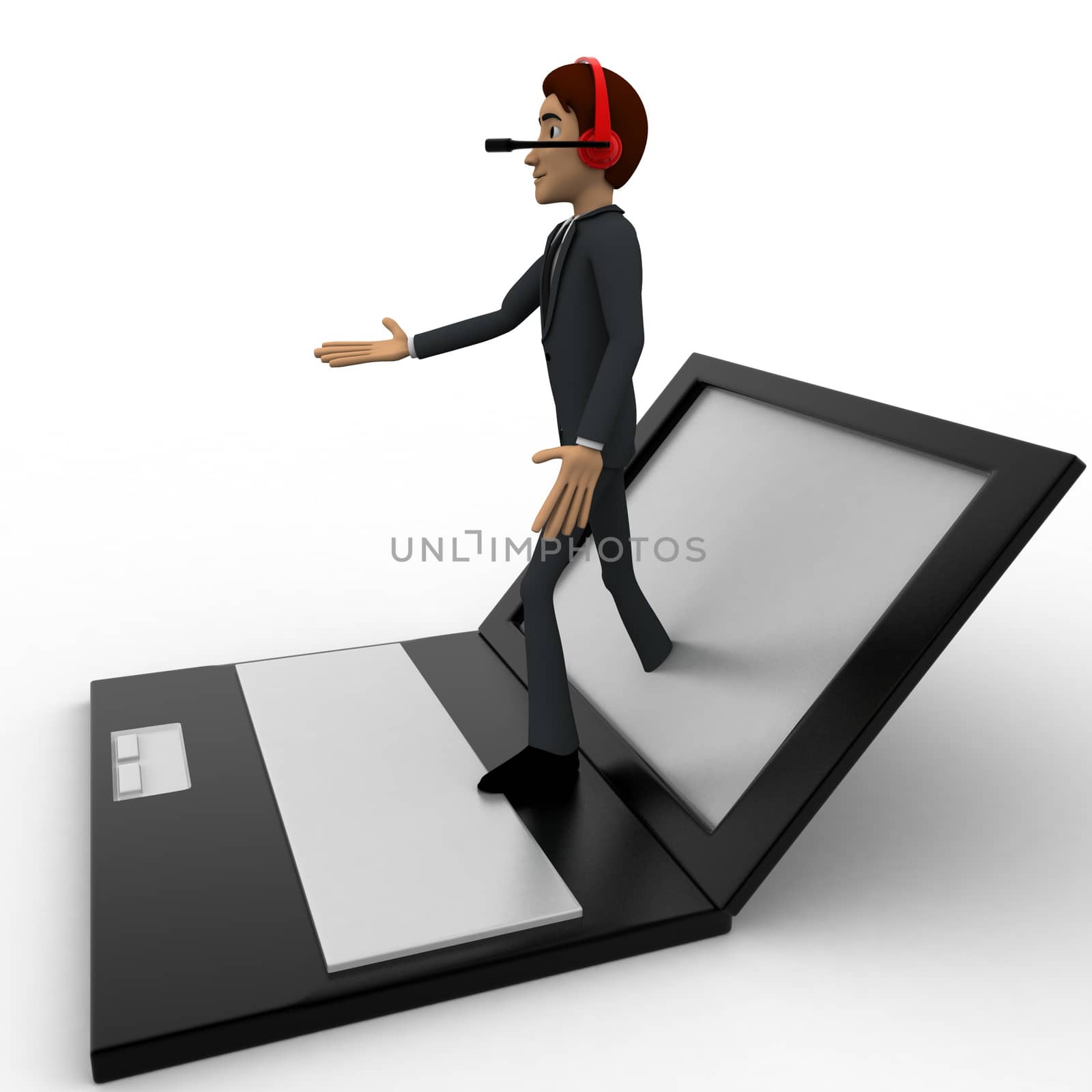 3d man comming through  laptop screen with headphone and offering hand concept on white background, side angle view