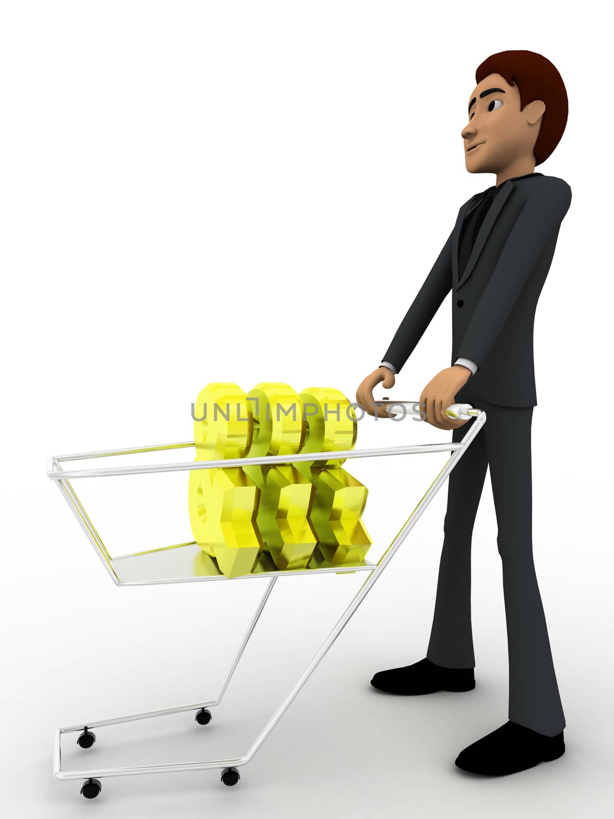 3d man pulling dollar symbol in cart concept on white background, side angle view