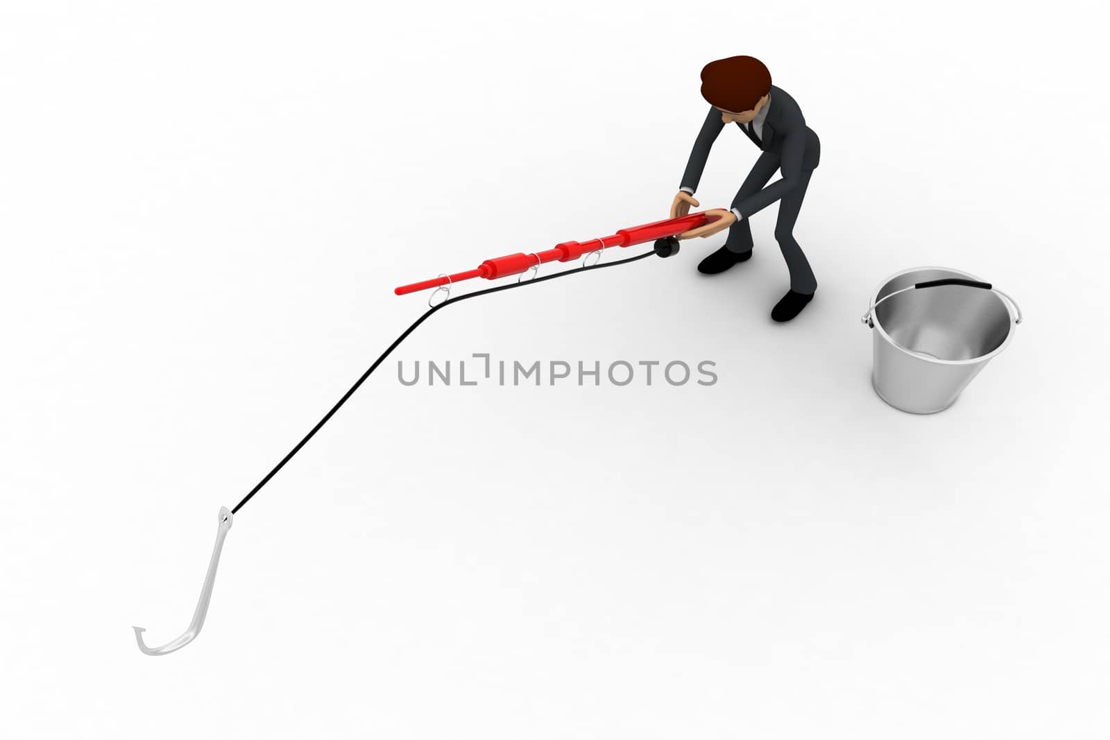 3d man fishing with fishing rod with big hook and bucket concept on white background, top angle view